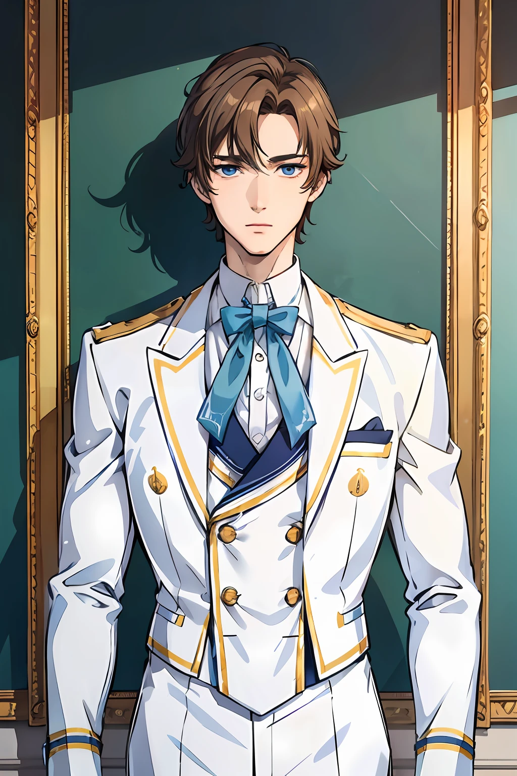 Elite School uniform, white blue clothing, white tuxedo, blue pants, golden buttons, blue neck tie, young men, 19 years old, European face, German face structure, light brown hair, messy hair, very short hair, blue-green eyes, detailed eyes, muscular, tall, 6.3 foot tall, strong, light smile, masculine face, wide frame, masterpiece, classroom background, school,
