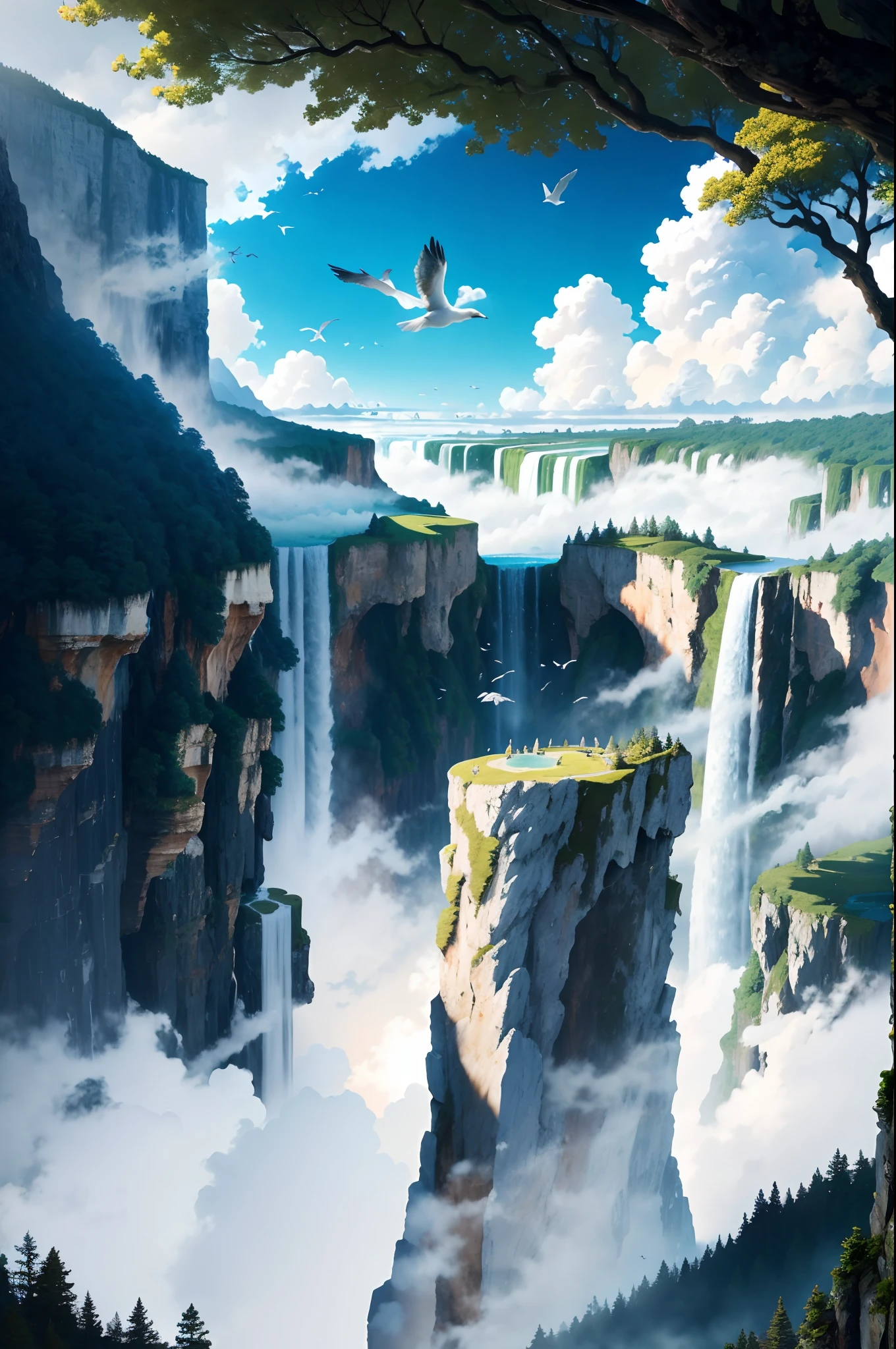 Flying on the cliff, above the very high waterfall, look down on the fluctuating pond, high sunlight, blue sky, white cloud, birds, forest, trees, 8K, masterpiece, best quality, high resolution, extremely full detailed