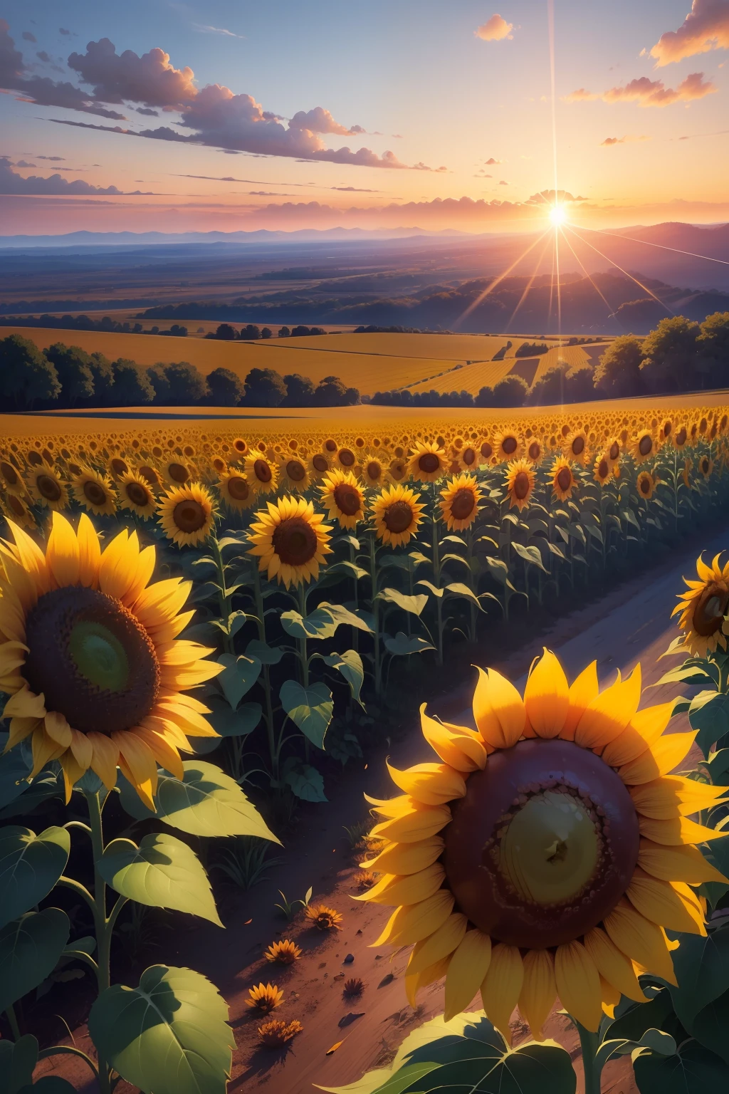 "Effervescent Harmony" is a work of art that captures the beauty and vibrant energy of an idyllic setting. The painting depicts a wide field of sunflowers in full bloom, filling the frame with an explosion of vibrant colors. Each sunflower displays bright golden-yellow petals, criando um efeito luminoso e convidativo.

Cloudless sky takes up most of the screen, oferecendo um fundo azul profundo e radiante. As the sun sets on the horizon, tons de laranja, red and pink begin to blend together, creating a spectacle of warm and intense colors. The sun's rays pierce the rows of sunflowers, destacando sua textura suave e revelando sutis tons de verde nas folhas e caules.

The atmosphere of the work is one of magical serenity, where nature is at its peak of vitality and splendor. The contrast between the bright colors of sunflowers and the burning sky evokes a sense of energy and joy. The viewer is invited to immerse himself in this enchanting scenery, feeling the tranquility and exuberance of nature at its most vibrant.

I hope this additional description helps visualize the artwork!