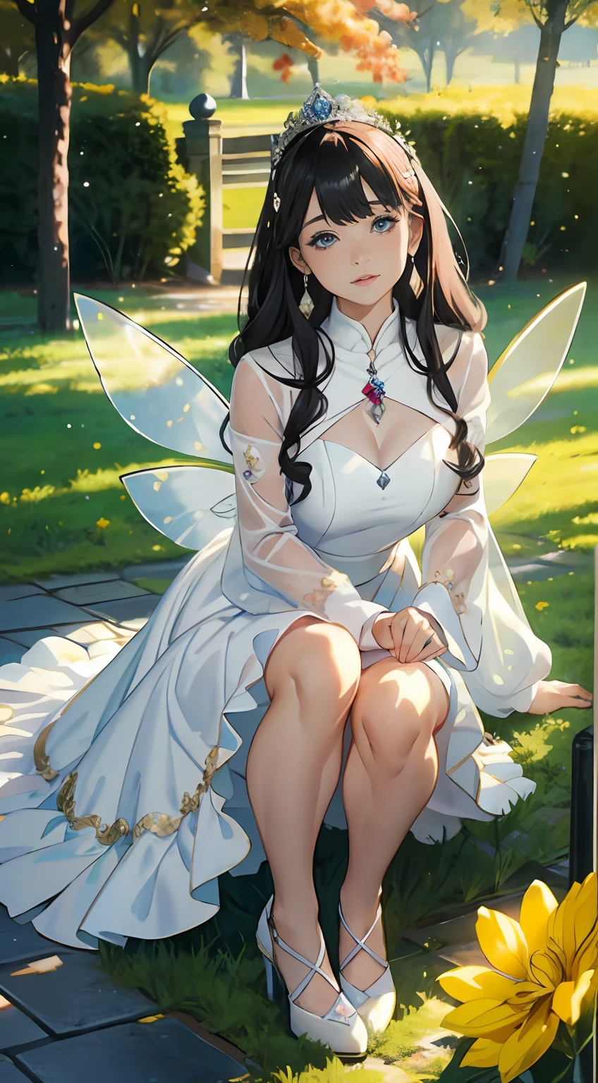 Beautiful fairy tale from a fairy tale world，Twenty years old，（Full body appearance:1.2），（Round and very delicate face），（It has a pair of white wings:1.2），（Red cheeks），（Shallow dimples），(Asian female face), Crown on head，White complexion，Highlight black | In pink|Golden(long whitr hair:1.2)，A shallow shy smile,（Big black affectionate eyes）,（Very detailed and perfect facial depiction）,Close-up of facial expressions，Side view，（White mini dress），（Silk lightweight fabric），（Long sleeves floating），cropped shoulders，voluptuous figure，（Wear high-heeled crystal shoes），looking lovingly at the viewer，A hint of melancholy，Trees in the background，Flowers。And Asuka，Blue sky，Early spring tones，The setting sun shines obliquely，A touch of warm colors,(Various yellow flowers),（Romantic fairy tale color），（ultra-realistic realism），（light and shadow effect），（Light particle tracing），（OilPaintStyle），（vivd colour）,（Obvious layers）,(rendering by octane），（White balance），（Photography Award）,（8k wallpaper）,（Masterpiece）,（best qualtiy）, photorealestic，realisticlying，Ray