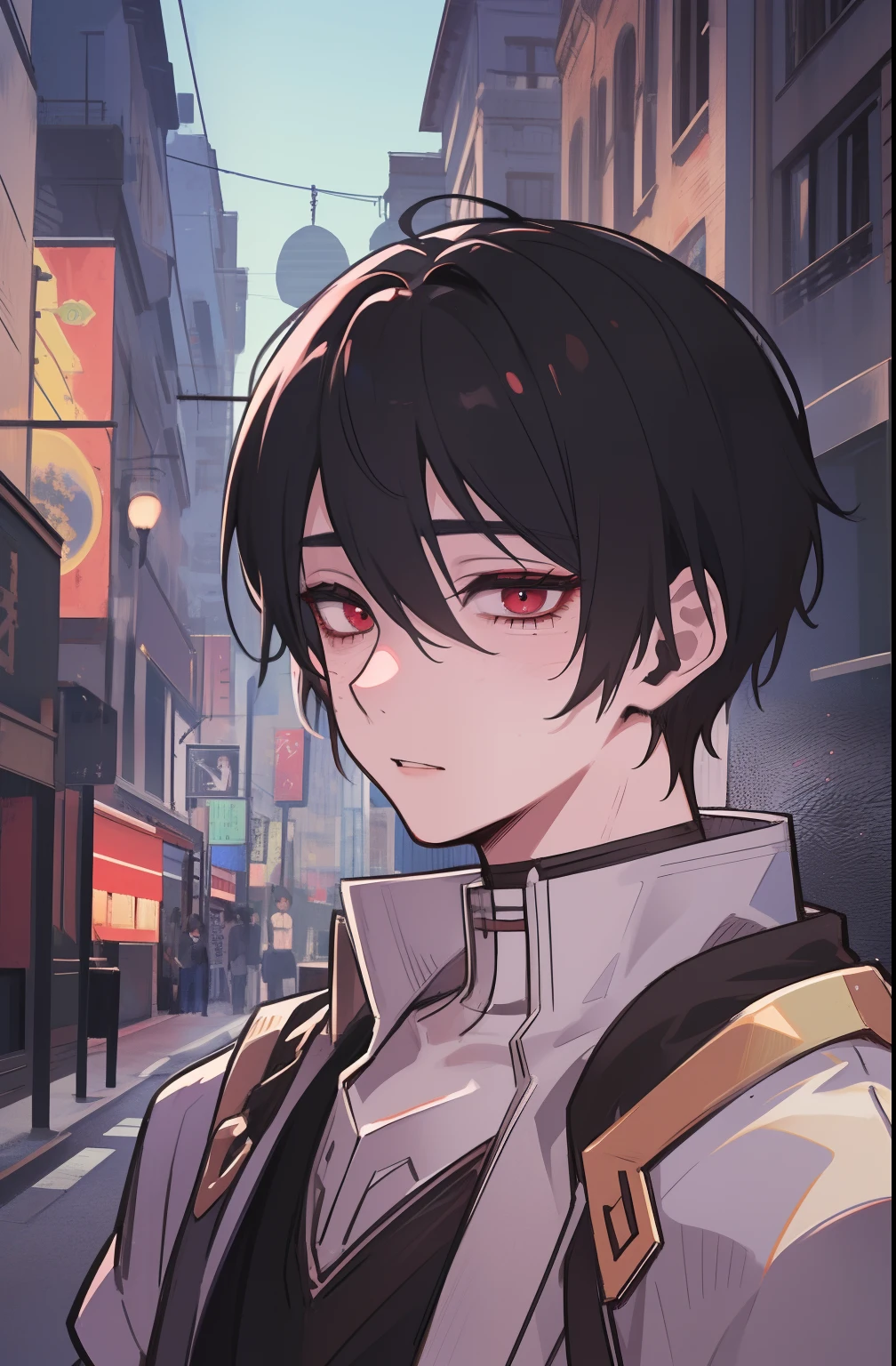 hight resolution, sharp-focus, pixiv masterpiece, ((intricate details)), Highly detailed, 1boy, upper-body, Kim_Minsu, red eyes, black hair, bags under eyes, suit,