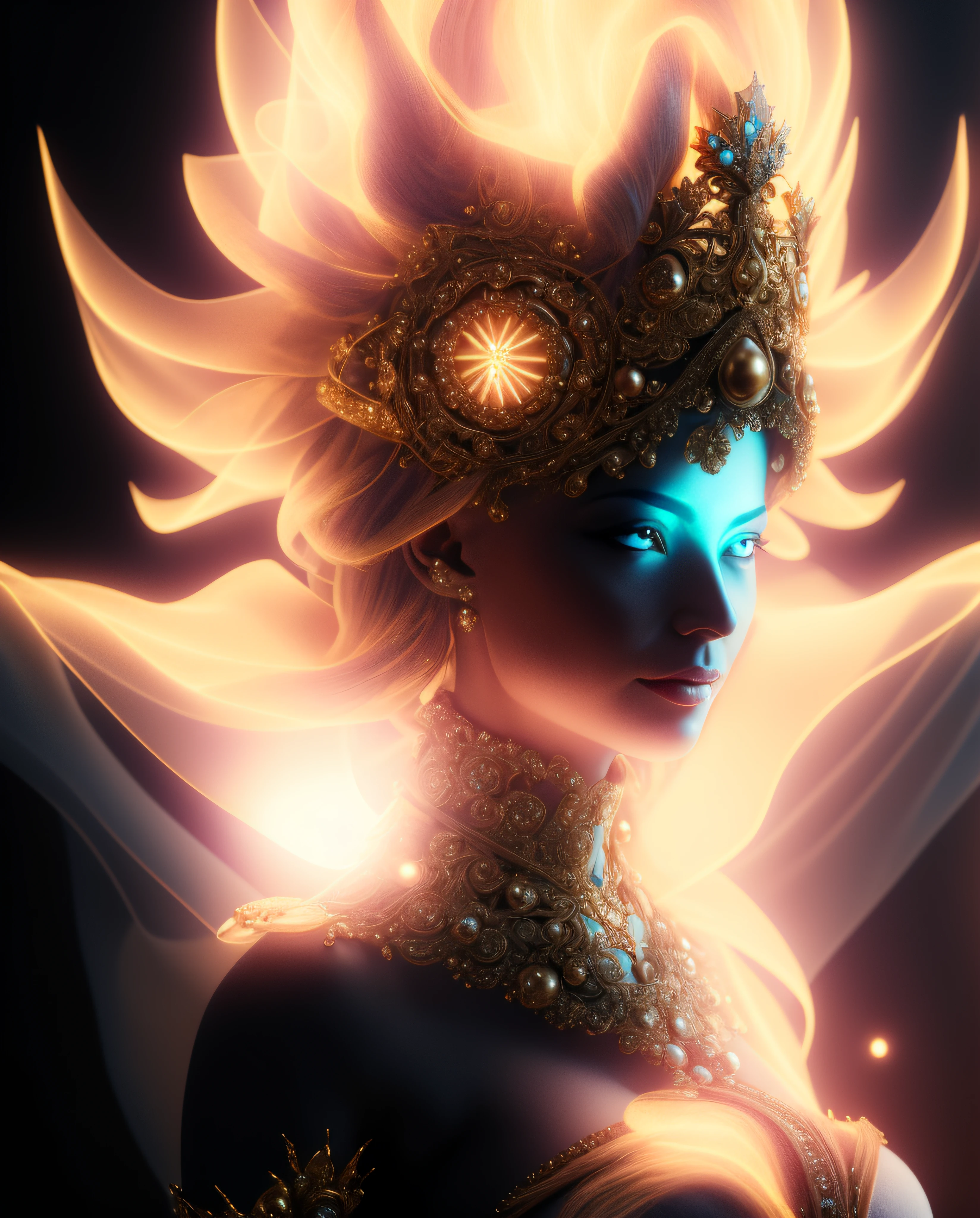 arafed woman with glowing hair and a golden crown, portrait of queen of light, a stunning portrait of a goddess, 3 d goddess portrait, portrait of a beautiful goddess, goddess. extremely high detail, glowing angelic being, portrait of a cosmic goddess, stuning fantasy 3 d render, a beautiful fantasy empress, fantasy art behance