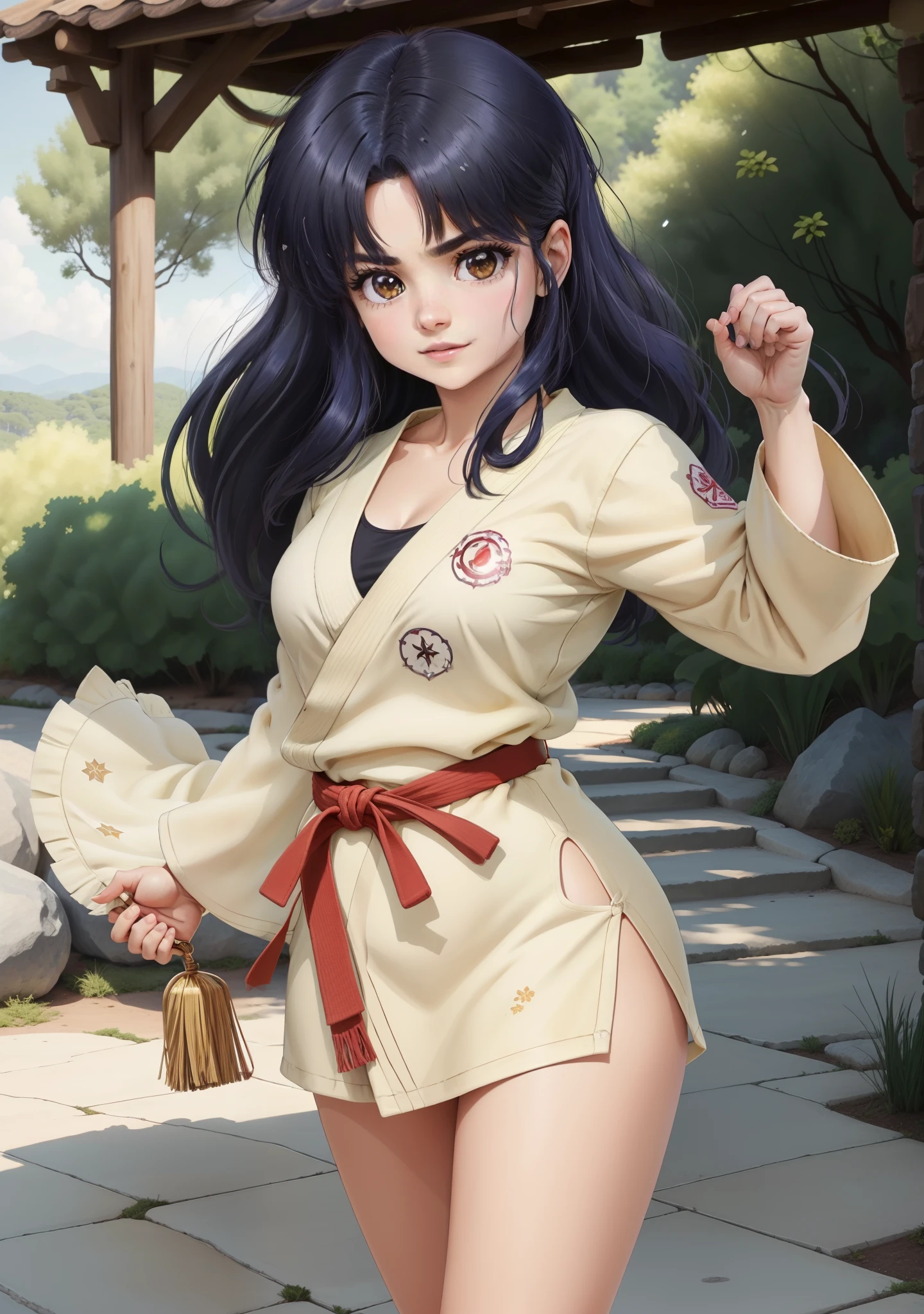 (Akanetendowaifu: 1), lindo, rostro enfadado, (uniforme karate corto: 1.2), pose dinamica de pelea,decidido, cabello corto, cabello largo,mirando al espectador, pose karateka,mujer pateando,patada karate, patada lucha, gritando, rostro detallado hiperrealismo, ojos detallados,ojos brillantes, mujer hermosa, sonriendo, picardia,desafiante, patada al espectador, piernas hermosas,nsfw,Teaching legs, vestido corto, piel humeda,sudor, manos con cinco dedos

(realista: 1.2), (realismo), (obra maestra: 1.2), (mejor calidad), (ultra detallado), (8k, 4k, intrincado), (disparo de cuerpo completo: 1), (disparo de vaquero: 1.2), (85 mm), light particules, luci, (muy detallado: 1.2), (cara detallada: 1.2), (degradados), nsfw, ojos coloridos y detallados,

(fondo detallado), paisaje detallado, (Angle Dynamic: 1.2), (dynamic  pose: 1.2), (regla de third_composition: 1.3), (Line of action: 1.2), plano amplio, solo, luz espectacular,jardin japones,estanque con peces,jardin espectacular