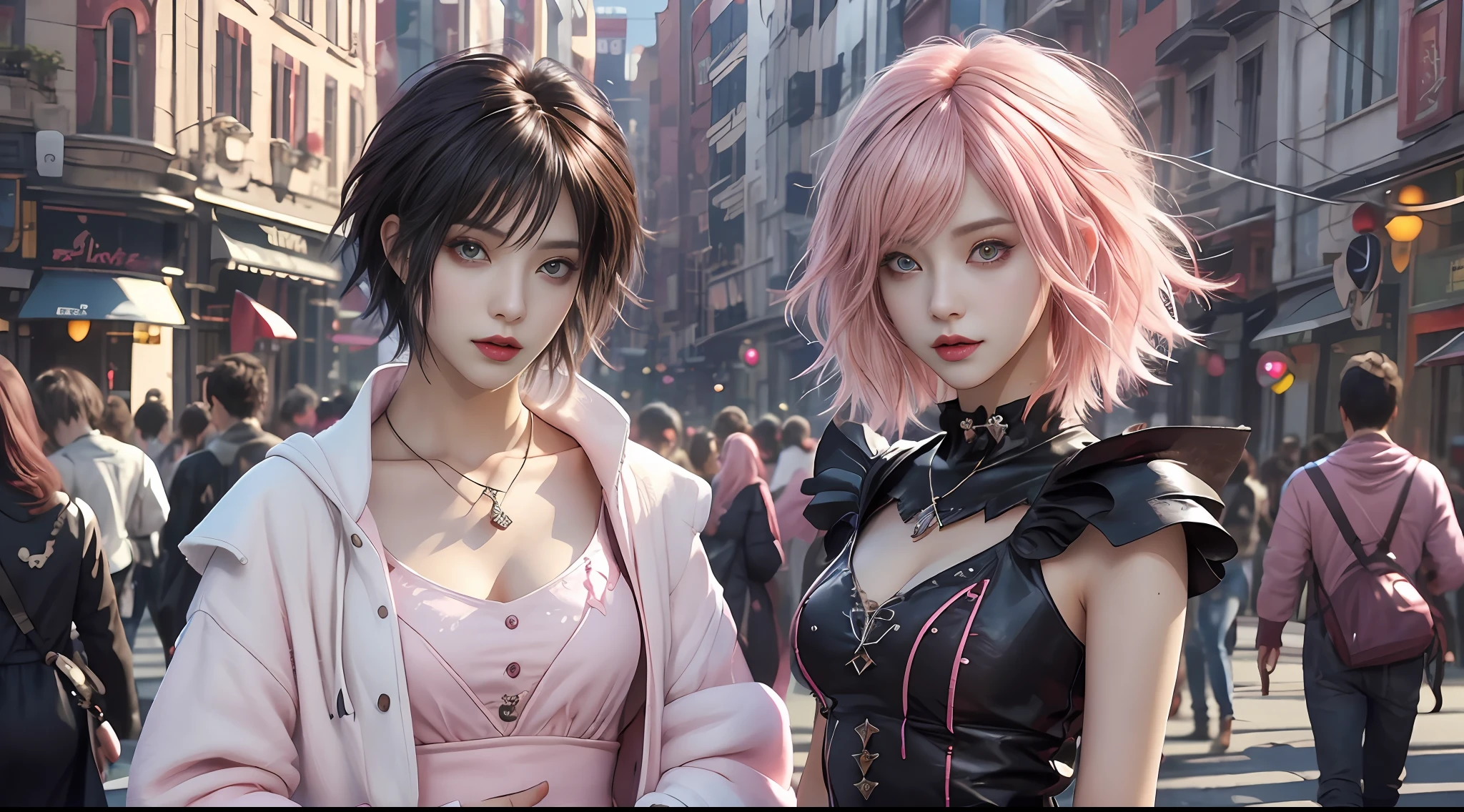 (masterpiece, best quality, 1girl, solo, intricate details, chromatic aberration), realistic, ((medium breath)),long hair, pink hair, red head ornament, pink highlights, hair over one eye,purple eyes, earrings, sharp eyes, choker, neon shirt, open jacket, crop top, (symmetry eyes),(perfect symmetrical body),against wall, brick wall, graffiti, dim lighting, alley ,look at viewer
