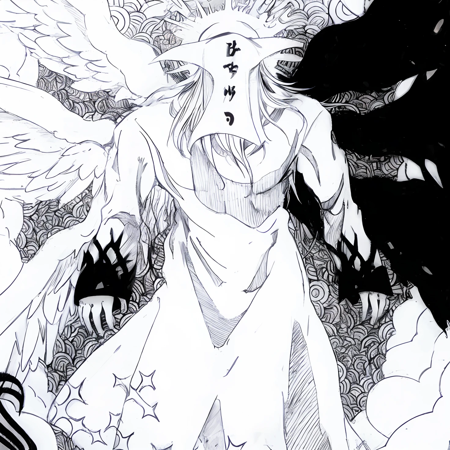 a drawing of a man with a demon face and iron wings, hyper detailed manga drawing, pencil and ink manga drawing, intricate manga drawing, ink manga drawing, Albedo do anime Overlord, Bastien Yoshitaka Amano, bleach manga style, fanart detalhado, posuka demizu |, Amano Yoshitaka, cell shaded anime intricate