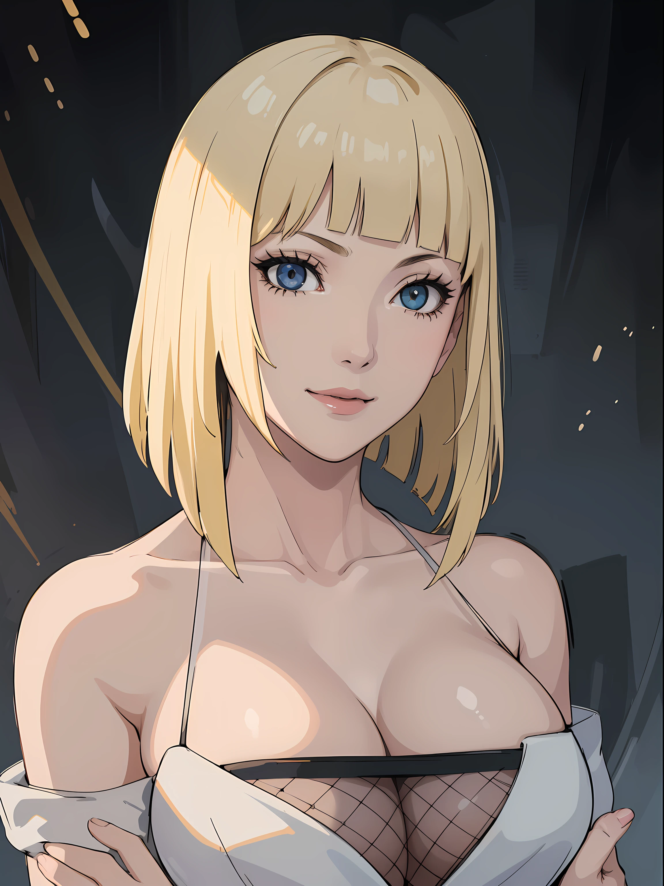 Best quality, masterpiece, ultra high res, 1girl, sexy, in the dark, deep shadow, low key, cold light, milf, blonde, dynamic light, cinematic lighting, cinematic lighting, down blouse, mature woman, middle parted hair, nsfw, natural breast, upper body, milf, samui, simple smile