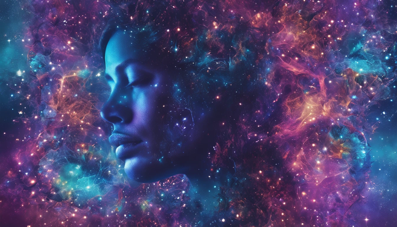 Human face in deep meditation, serenidade, aura brilhante e sutil, universo em AZUL e violeta, Stars and galaxies, macio, ethereal clouds, connectedness, roots in the earth, branches to the starry sky, tons amarelados, serenidade, cosmic harmony