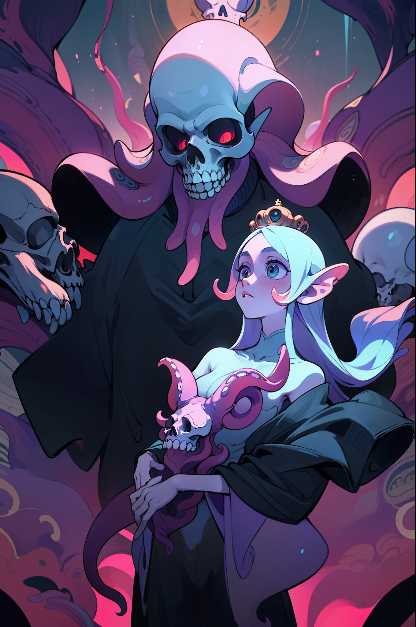 "An exquisite and haunting depiction of a skull adorned with a majestic bone crown, accompanied by mesmerizing tentacles and ethereal octopus motifs. Inspired by the cosmic horror of Lovecraft, this artwork showcases the perfect blend of high-quality cinematic visuals and realism, ensuring a breathtaking experience. With its stunning attention to detail and impeccable aesthetics, this masterpiece is envisioned in glorious 4k resolution, capturing the essence of the enigmatic deity Hermaeus Mora."