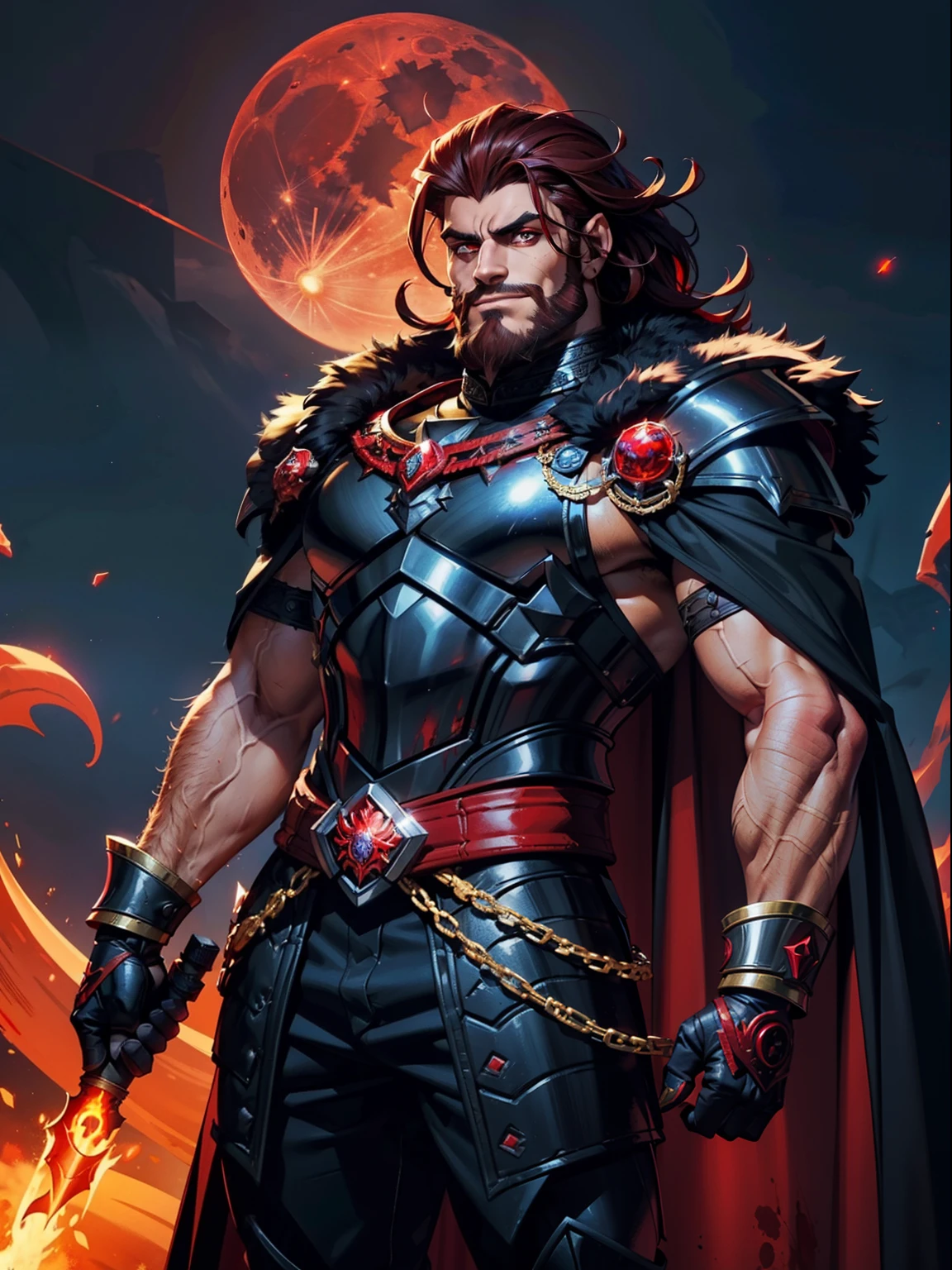 Dark night blood moon background, Hades style, game portrait. Sadurang from Marvel, hunk, buffed physics, short mane hair, mullet, defined face, detailed eyes, short beard, glowing red eyes, dark hair, wily smile, badass, dangerous. Wearing full armor with red dragon scales, cape of furs.  Breath fire.