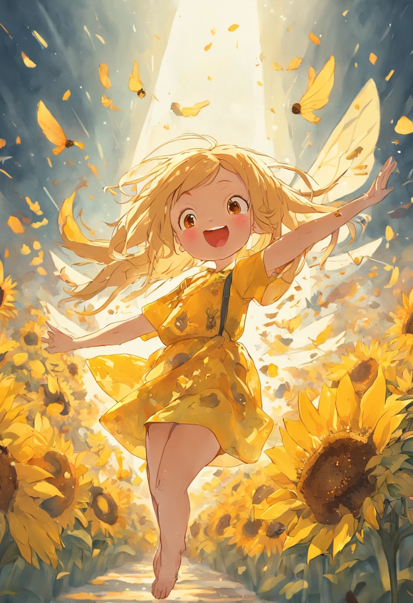 A cartoon anthropomorphic bee flying with open arms and sunflowers in the background, painting digital adorable, arte digital detalhada bonito, full-colour illustration, bela arte digital, abelha maia, (abelha fofinha), cute illustration, abelha grande, a beautiful artwork illustration