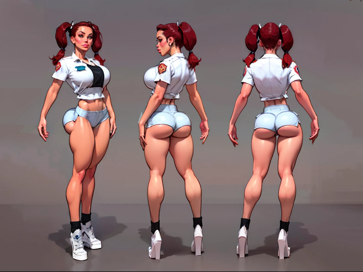 ((masterpiece)),(((best quality))),((character design sheet)), illustration,1woman, environment Scene change, (low twin Tails:1.4),((park ranger)), muscular, white legs, thick legs, (pale skin:1.3)scribbles and marks, (gigantic ass:1.4) blue cargo shorts, ((detailed face:1.1)), rough sketches, (puffy lips:1.4), pose too, ((red hair:1.3)), (park ranger outfit:1.5) , 8k,16k, (simple background, light background: 1.3)