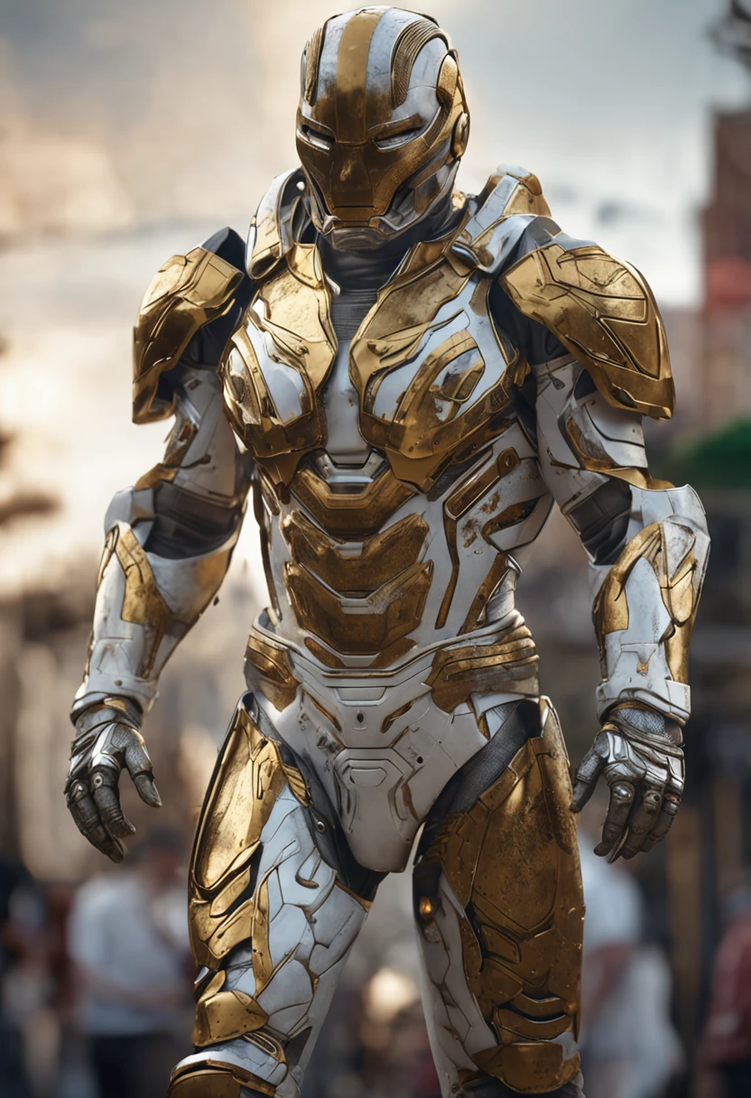 full body shot of Colossus in white and gold armour style suit, no mask on, white cape, looking at center camera, perfect composition, beautiful detailed intricate insanely detailed octane render trending on artstation, 8 k artistic photography, photorealistic concept art, soft natural volumetric cinematic perfect light, chiaroscuro, award - winning photograph, masterpiece, oil on canvas, raphael, caravaggio, greg rutkowski, beeple, beksinski, giger, trending on artstation, sharp focus, studio photo, intricate details, highly detailed, night city background, by greg rutkowski