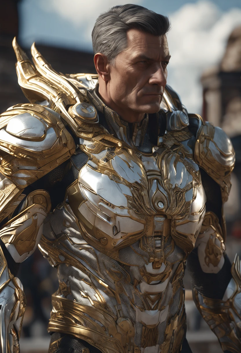 full body shot of Colossus in white and gold armour style suit, no mask on, white cape, looking at center camera, perfect composition, beautiful detailed intricate insanely detailed octane render trending on artstation, 8 k artistic photography, photorealistic concept art, soft natural volumetric cinematic perfect light, chiaroscuro, award - winning photograph, masterpiece, oil on canvas, raphael, caravaggio, greg rutkowski, beeple, beksinski, giger, trending on artstation, sharp focus, studio photo, intricate details, highly detailed, night city background, by greg rutkowski