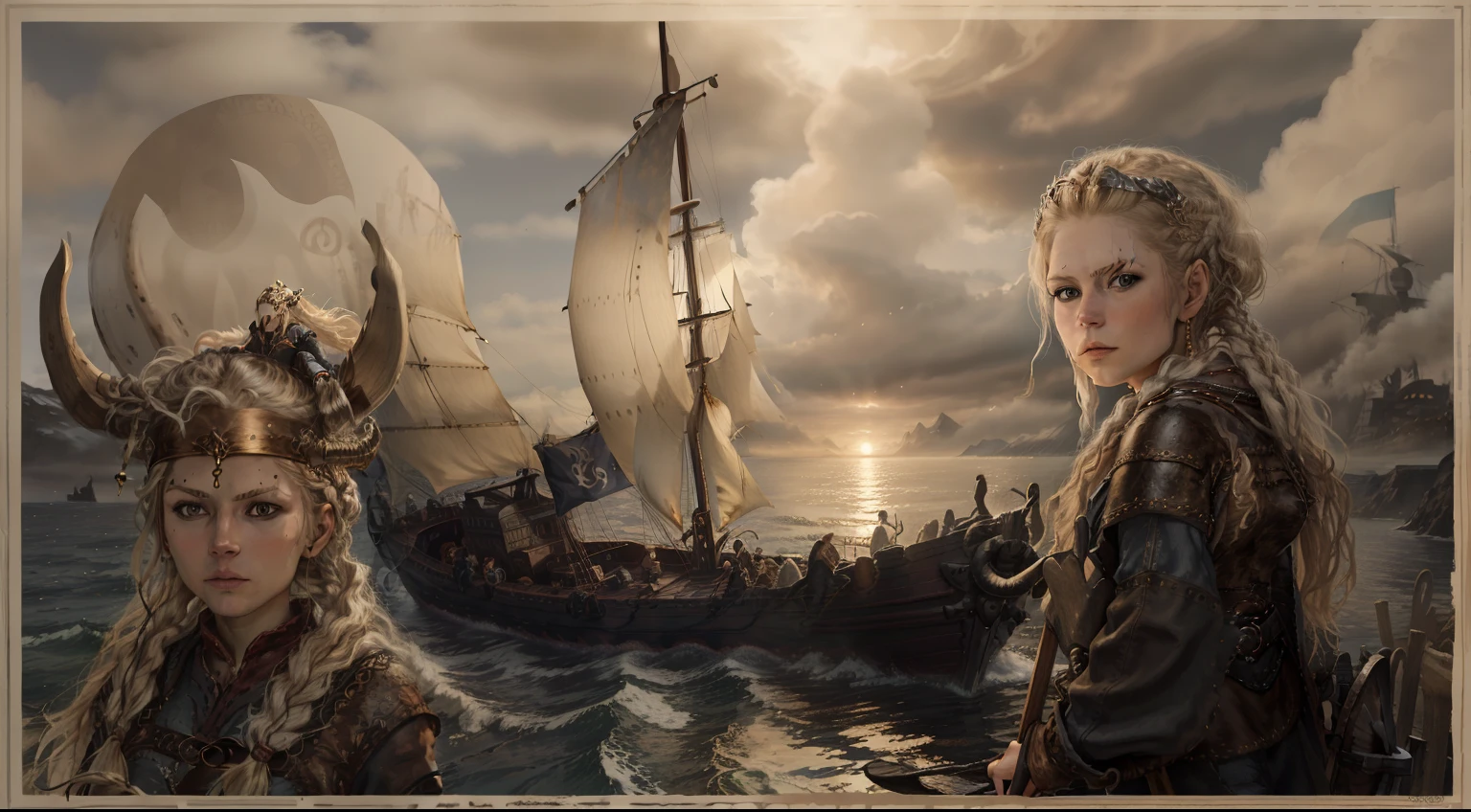 Next to the Viking boat is a woman wearing a Viking helmet, Viking culture, Viking boat, Viking style, Vikings, innblásin af Þórarinn B. Torlaksson, Viking Heaven, Anato FinnStark and Kelogsloops, Viking, Viking and Knights Templar aesthetics, based on Oluf Autumn