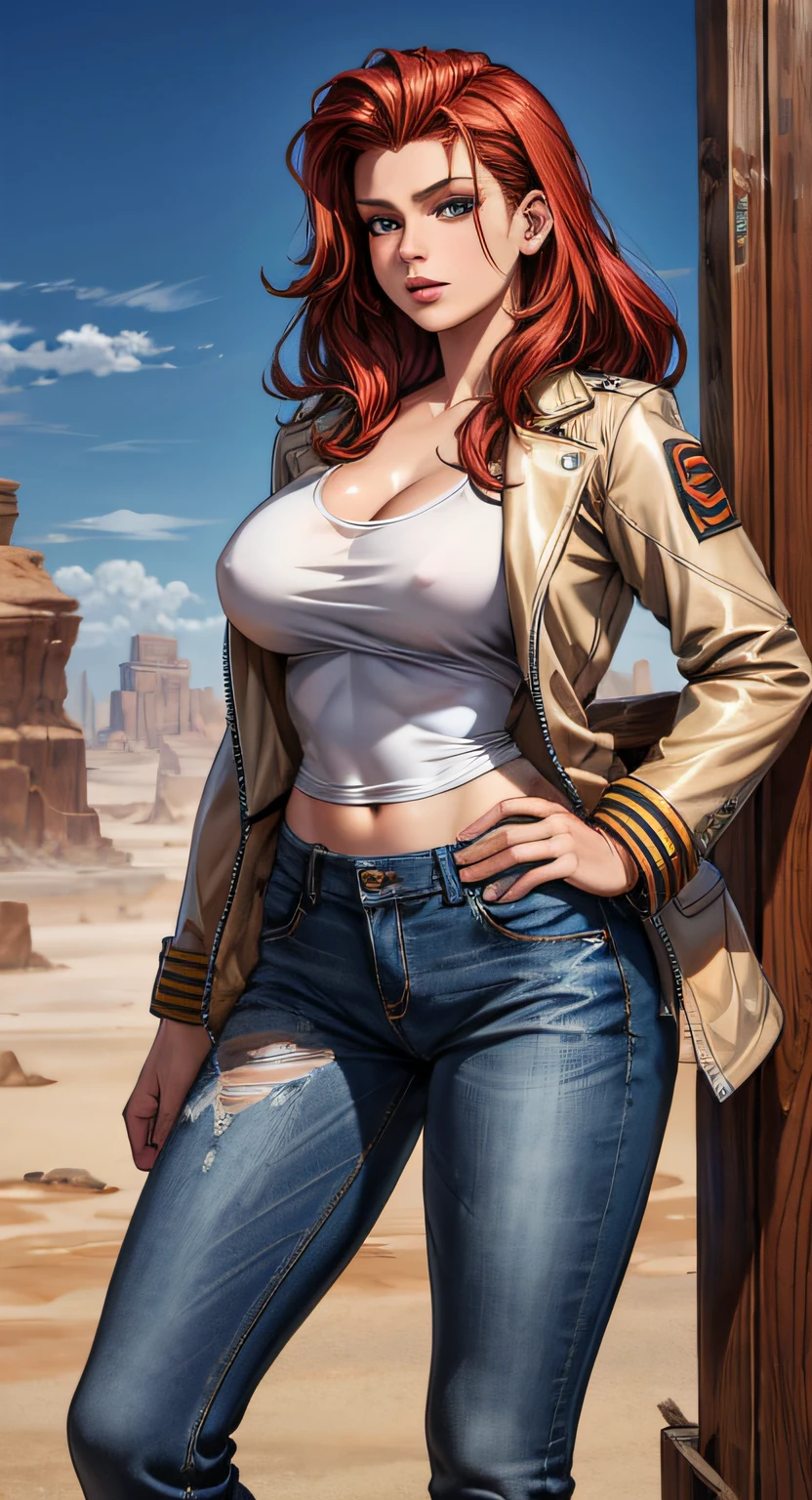 Ruiva linda, jaqueta jeans, suando em um deserto, not shirt