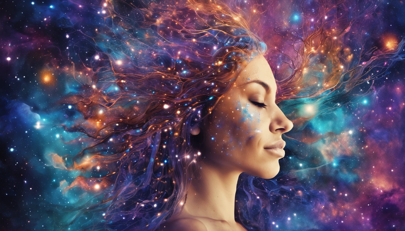 Human face in deep meditation, serenidade, aura brilhante e sutil, universo em AZUL e violeta, Stars and galaxies, macio, ethereal clouds, connectedness, roots in the earth, branches to the starry sky, tons amarelados, serenidade, cosmic harmony