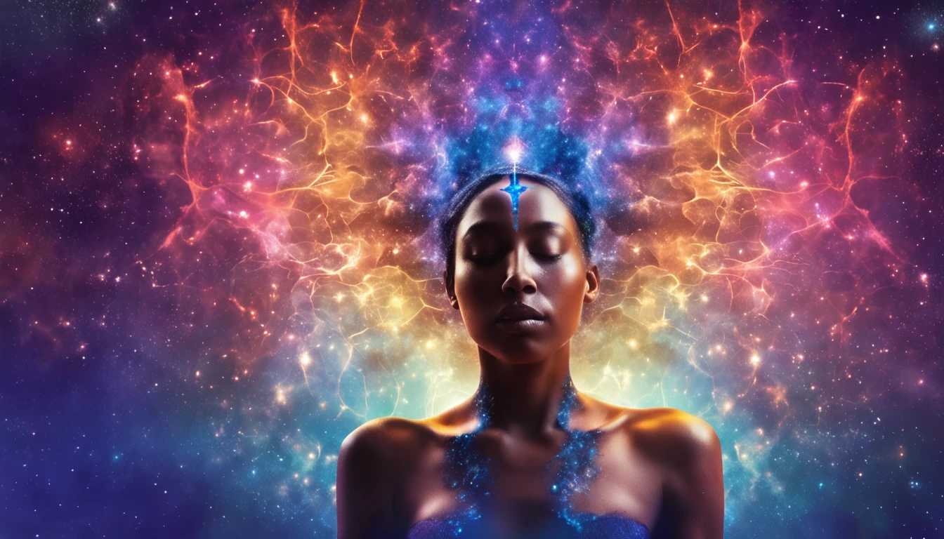 Human face in deep meditation, serenidade, aura brilhante e sutil, universo em AZUL e violeta, Stars and galaxies, macio, ethereal clouds, connectedness, roots in the earth, branches to the starry sky, tons amarelados, serenidade, cosmic harmony