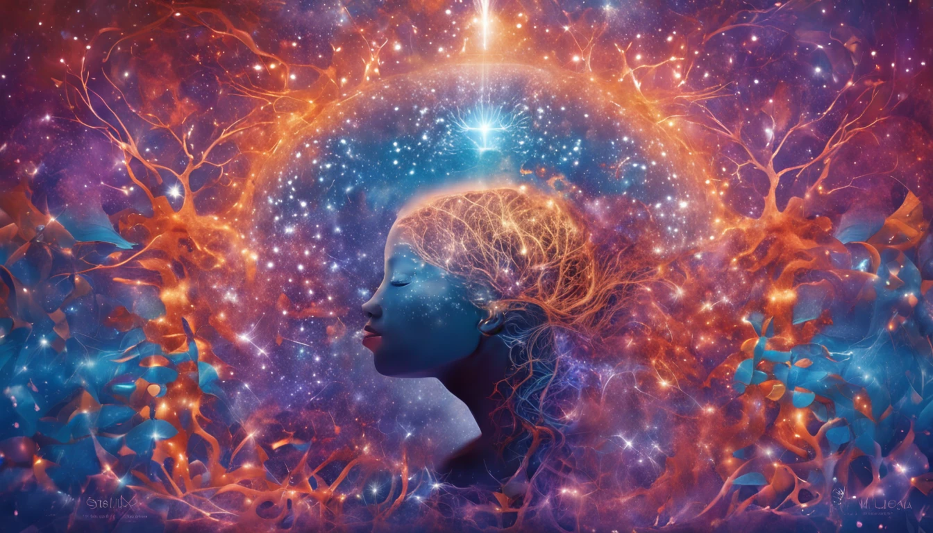 Human face in deep meditation, serenidade, aura brilhante e sutil, universo em AZUL e violeta, Stars and galaxies, macio, ethereal clouds, connectedness, roots in the earth, branches to the starry sky, tons amarelados, serenidade, cosmic harmony