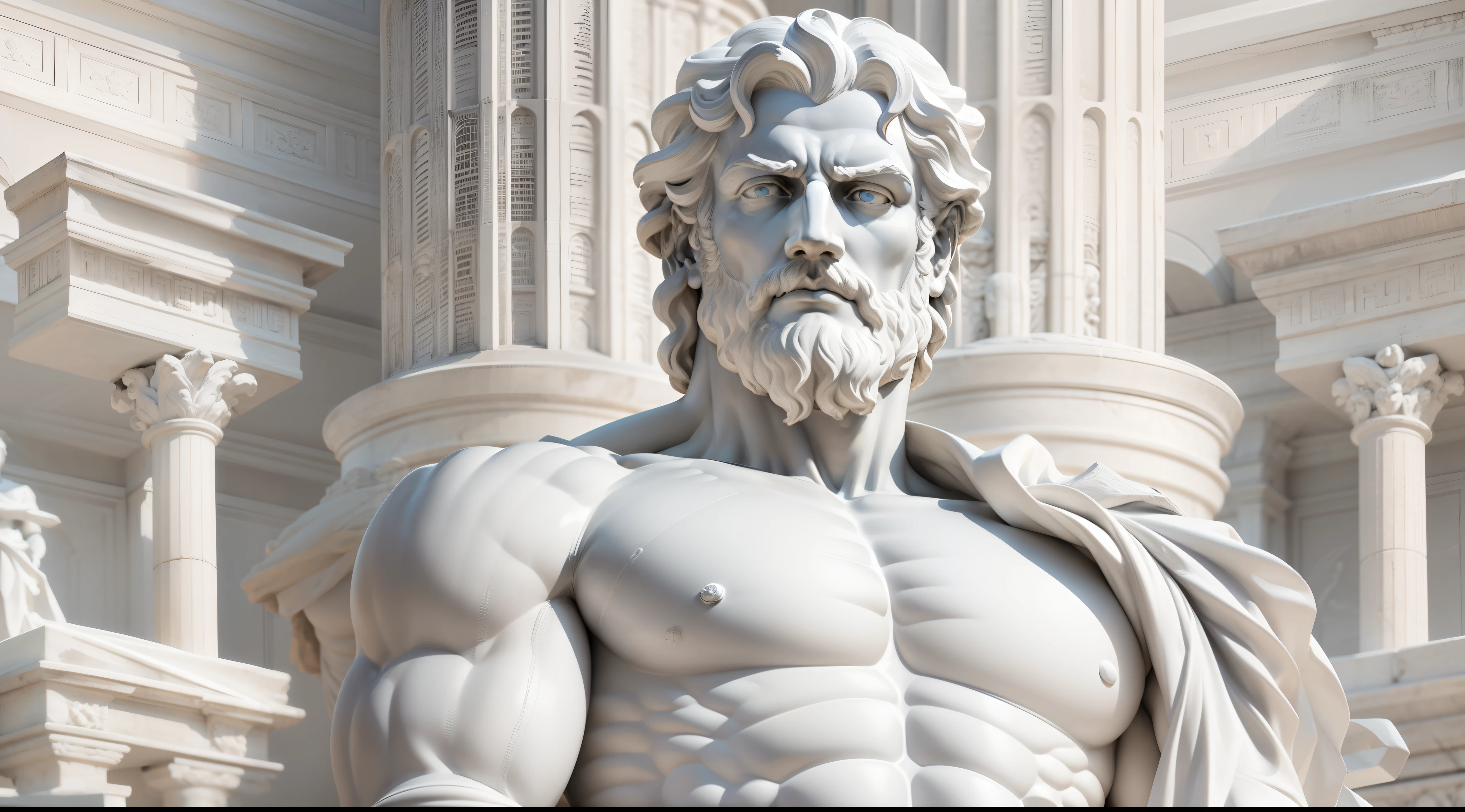 "Stoic Greek statue man with a strong and robust body, resembling the ancient philosopher statue Seneca, white and silver statue, white and silver eyes statue."