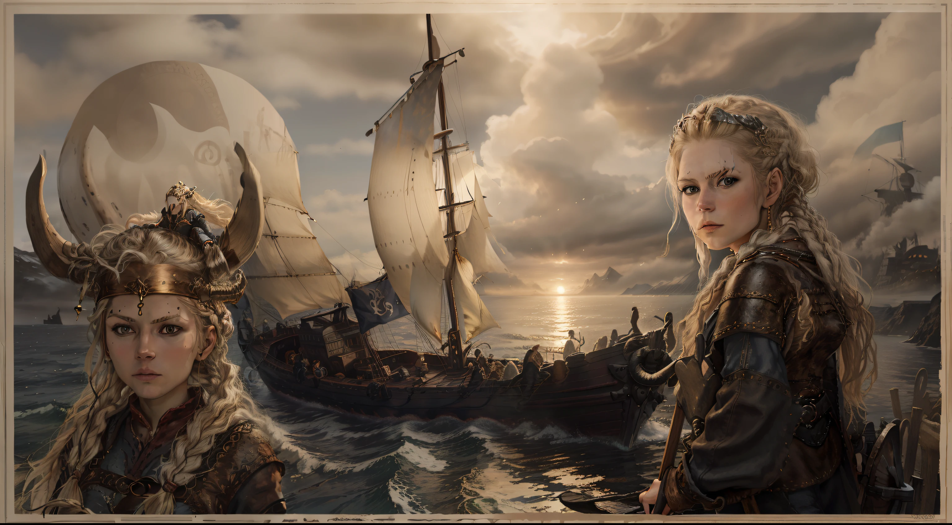 Next to the Viking boat is a woman wearing a Viking helmet, Viking culture, Viking boat, Viking style, Vikings, innblásin af Þórarinn B. Torlaksson, Viking Heaven, Anato FinnStark and Kelogsloops, Viking, Viking and Knights Templar aesthetics, based on Oluf Autumn