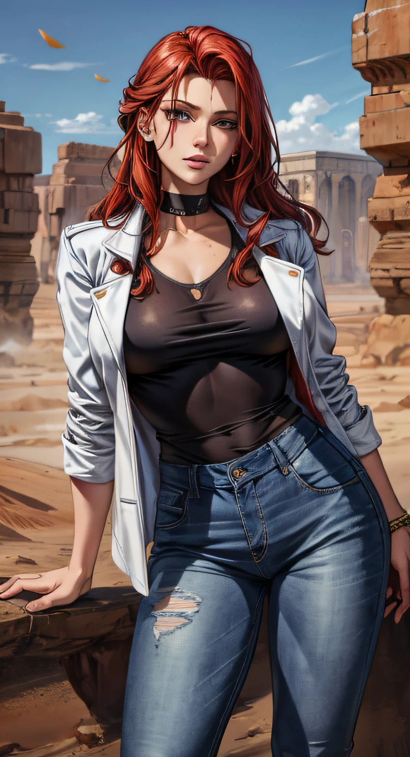 Ruiva linda, jaqueta jeans, suando em um deserto, not shirt
