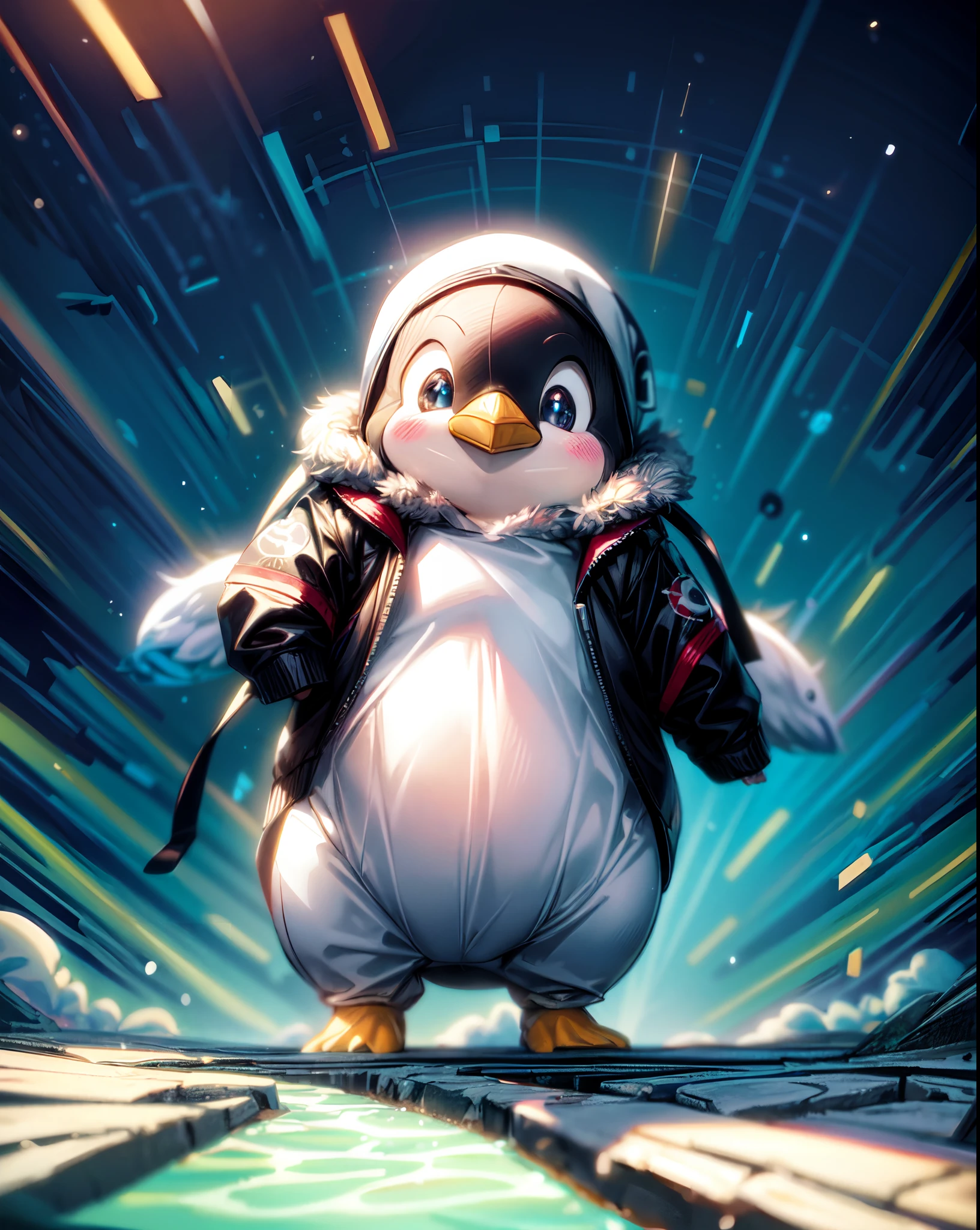 A cute and fluffy penguin on an exciting adventure with intricate details.