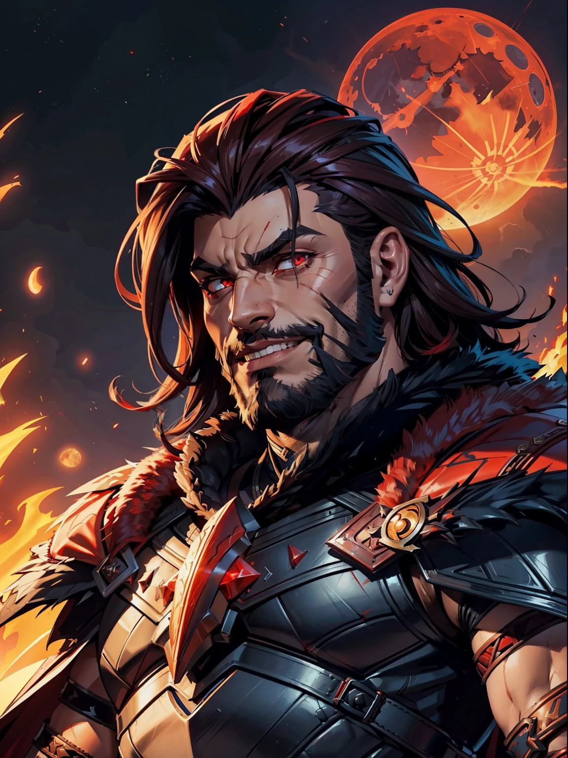 Dark night blood moon background, Hades style, game portrait. Sadurang from Marvel, hunk, buffed physics, short mane hair, mullet, defined face, detailed eyes, short beard, glowing red eyes, dark hair, wily smile, badass, dangerous. Wearing full armor with red dragon scales, cape of furs. Breath fire.