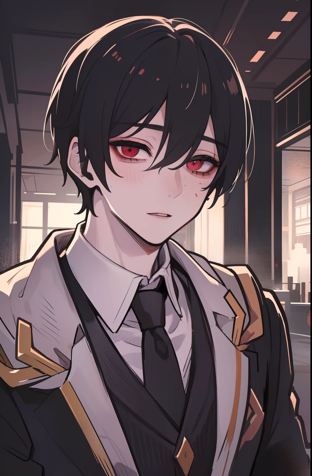 hight resolution, sharp-focus, pixiv masterpiece, ((intricate details)), Highly detailed, 1boy, upper-body, Kim_Minsu, red eyes, black hair, bags under eyes, suit,