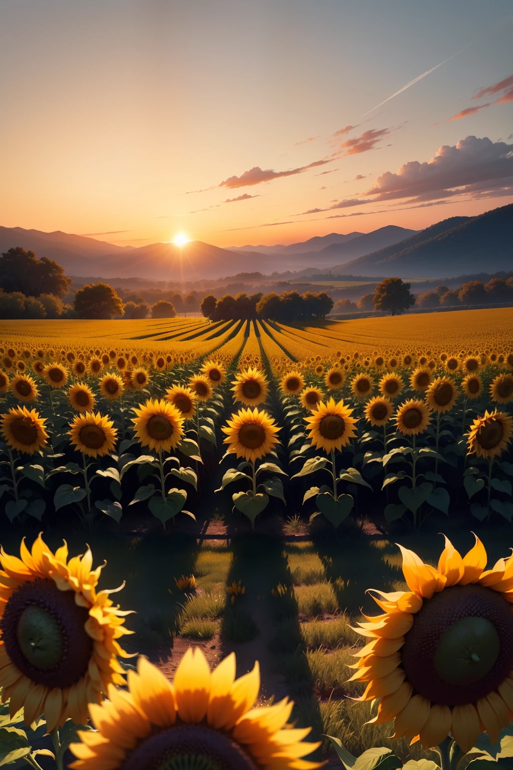"Effervescent Harmony" is a work of art that captures the beauty and vibrant energy of an idyllic setting. The painting depicts a wide field of sunflowers in full bloom, filling the frame with an explosion of vibrant colors. Each sunflower displays bright golden-yellow petals, criando um efeito luminoso e convidativo.
Cloudless sky takes up most of the screen, oferecendo um fundo azul profundo e radiante. As the sun sets on the horizon, tons de laranja, red and pink begin to blend together, creating a spectacle of warm and intense colors. The sun's rays pierce the rows of sunflowers, destacando sua textura suave e revelando sutis tons de verde nas folhas e caules.
The atmosphere of the work is one of magical serenity, where nature is at its peak of vitality and splendor. The contrast between the bright colors of sunflowers and the burning sky evokes a sense of energy and joy. The viewer is invited to immerse himself in this enchanting scenery, feeling the tranquility and exuberance of nature at its most vibrant.
I hope this additional description helps visualize the artwork!