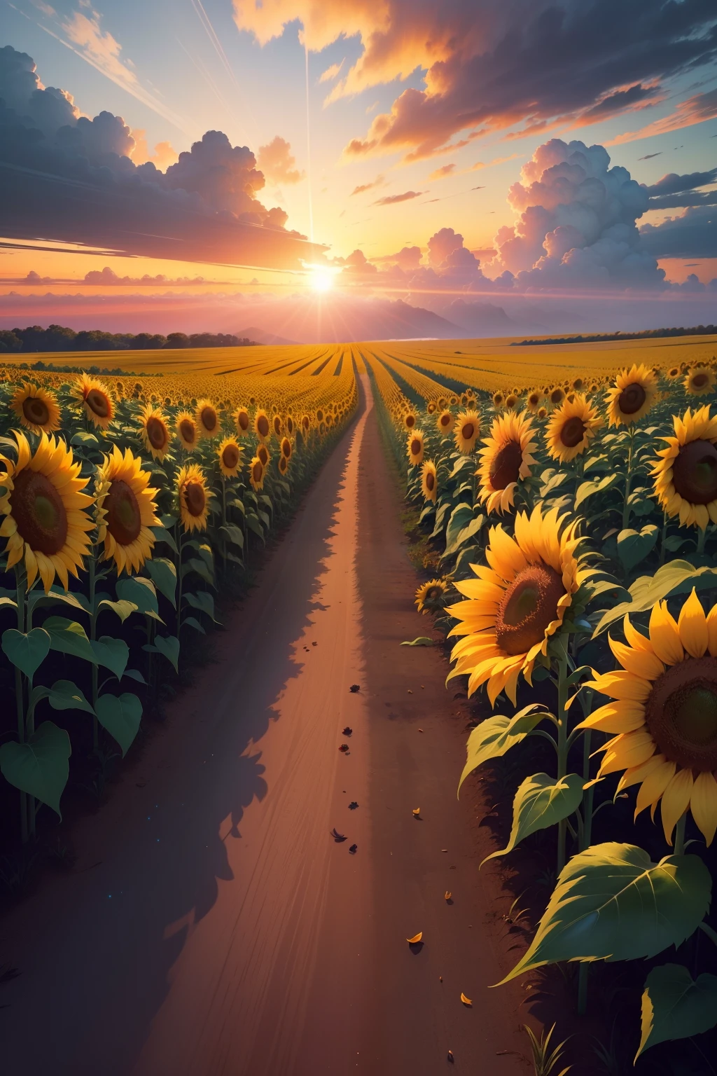 "Effervescent Harmony" is a work of art that captures the beauty and vibrant energy of an idyllic setting. The painting depicts a wide field of sunflowers in full bloom, filling the frame with an explosion of vibrant colors. Each sunflower displays bright golden-yellow petals, criando um efeito luminoso e convidativo.
Cloudless sky takes up most of the screen, oferecendo um fundo azul profundo e radiante. As the sun sets on the horizon, tons de laranja, red and pink begin to blend together, creating a spectacle of warm and intense colors. The sun's rays pierce the rows of sunflowers, destacando sua textura suave e revelando sutis tons de verde nas folhas e caules.
The atmosphere of the work is one of magical serenity, where nature is at its peak of vitality and splendor. The contrast between the bright colors of sunflowers and the burning sky evokes a sense of energy and joy. The viewer is invited to immerse himself in this enchanting scenery, feeling the tranquility and exuberance of nature at its most vibrant.
I hope this additional description helps visualize the artwork!