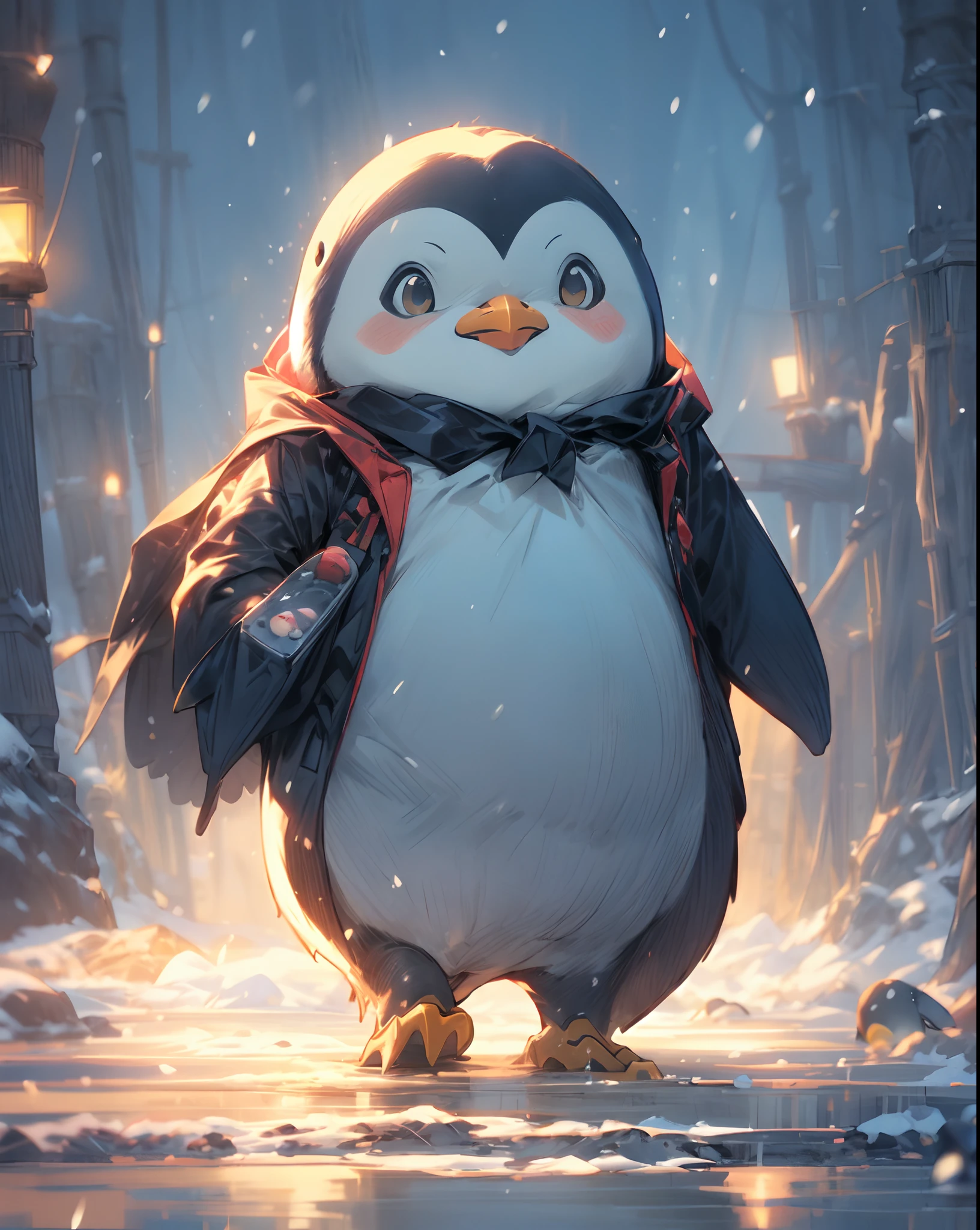 penguin in winter coat standing in snow with snow flakes, fat penguin, penguinz0, anthropomorphic penguin, penguin, mecha anthropomorphic penguin, fat penguin unity asset, pinguin, adorable digital painting, cute detailed digital art, profile picture 1024px, blue penguin, cyril rolando and goro fujita, by Ross Tran