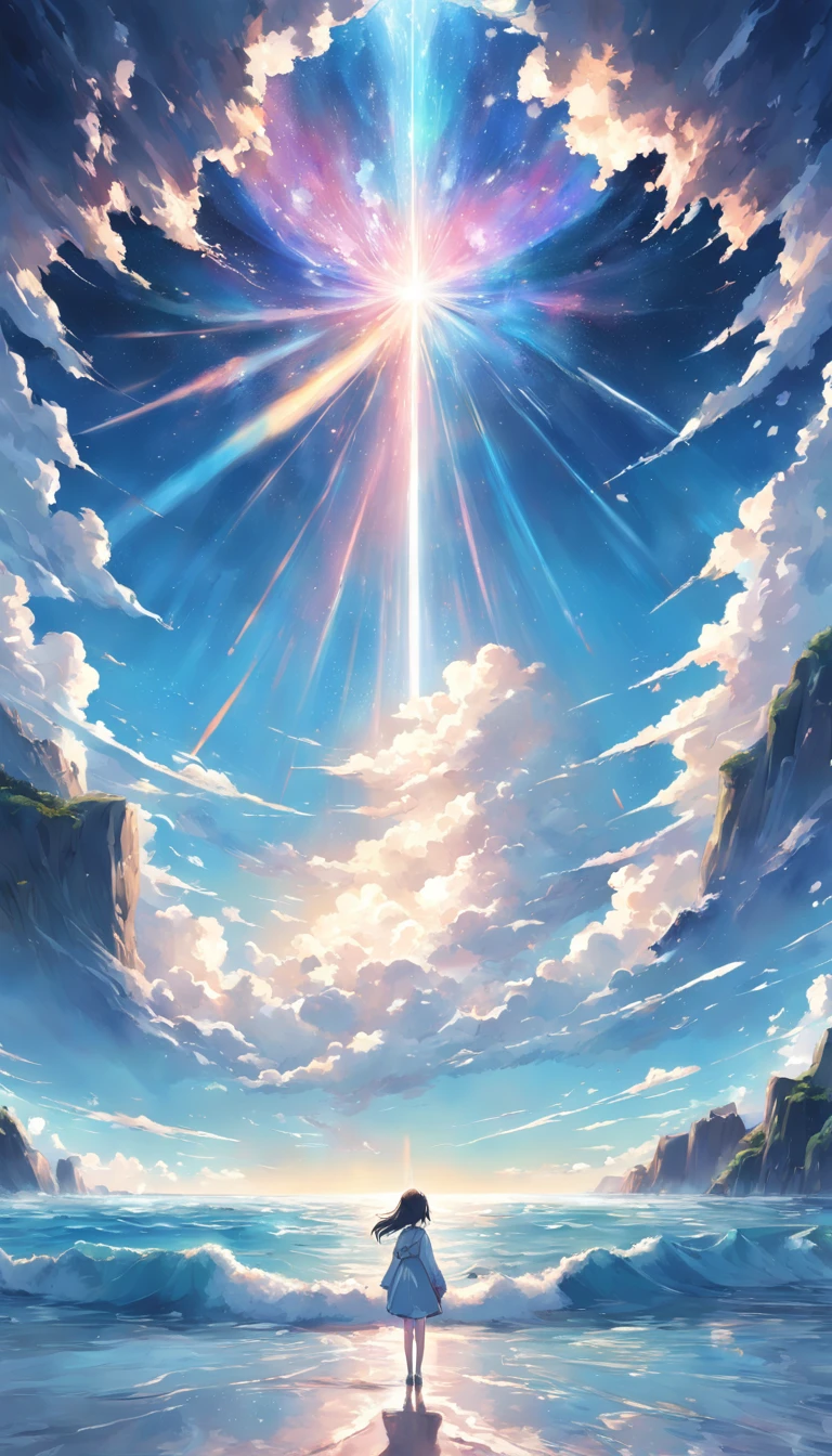 Faraway view、landscapes、vanishing point、Outrageous resolution、hight resolution、ultra-detailliert、The upper half shows the universe、Below is the sea、Bright atmosphere、Fantasia、magia、Mare、Daylight hours、clean blue sky、sunlight shining、prisma、beautiful lighting、Bright lighting、Soft lighting、Lots of shining magic light、Iridescent light