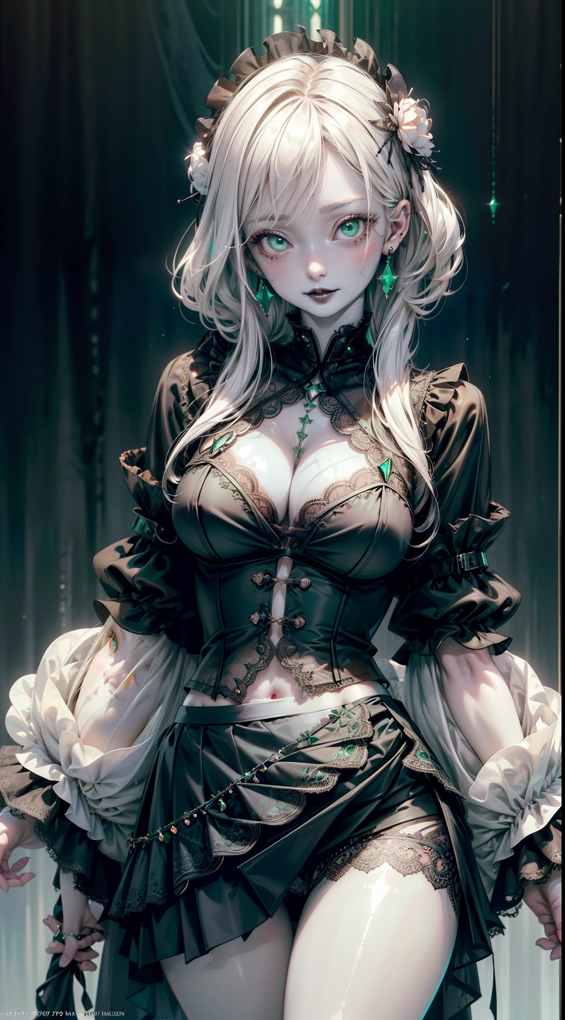 (necromance:1.2) girl, 1girl, perfect and well designed shiny eyes, (beautiful detailed (emerald:1.3) marsh eyes:1.05), natural breasts, slim body, beautiful and delicate face, (face detail), ((realistic face)), pores, ((pale skin)), detailed skin, realistic skin, medium length hair, hair voluminous, super high resolution, 8k, parameters Best quality, (masterpiece:1.4), (magic accessories:1.4), bracelets, necklaces, dark extremely detailed thick tight ((lacy silk clothing:1.3), (lacy wrap dress:1.2), (lycra kimono:0.8),(wild goth skirt:1.5)), (shabby hood ruffles coat:1.3), (embroidery and lace:1.3), jewelry ornaments, hair ornament, (cloth:1.3), (neckline:1.3), (cleavage), decolette, navel, Young Girl,  Beast, (crazy:0.7) Smile, (Pale Skin:2.0), (19 Piercings:1.6), ((tattoos all over body, Tribal tattoos all over legs)), surrounded by darkness, (Darkness:1.2), Dark Fantasy, ultra detailed, photorealistic, ((Real image)), (best quality:1.4), super high resolution, (Realistic 2.0), More details, (full body portrait), (((1girl))), (witchcraft:1.5), magic energy flows and sparkles, (futurism:1.3), [fantasy:(cyberpunk:1.1):0.25], (magic technologies:1.3), (beautiful and aesthetic:1.2), (fractal art:1.4), (cinematic light:1.1), DUTCH ANGLE, 16K, HDR, RTX, Ray Tracing, Radiosity, Anisotropic Filtering, Subsurface Scattering, (((magic lights))), metallic reflections, Detailed, Realistic, 4k highly detailed digital art, (cool_color), extremely detailed CG unity 8k wallpaper, vibrant colors