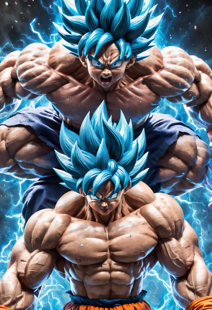 "A detailed drawing of Son Goku intensely training his biceps in a bodybuilding gym, com um cabelo prateado brilhante e pele prateada polida, surrounded by a fiery blue energetic ray, Aura Ace."