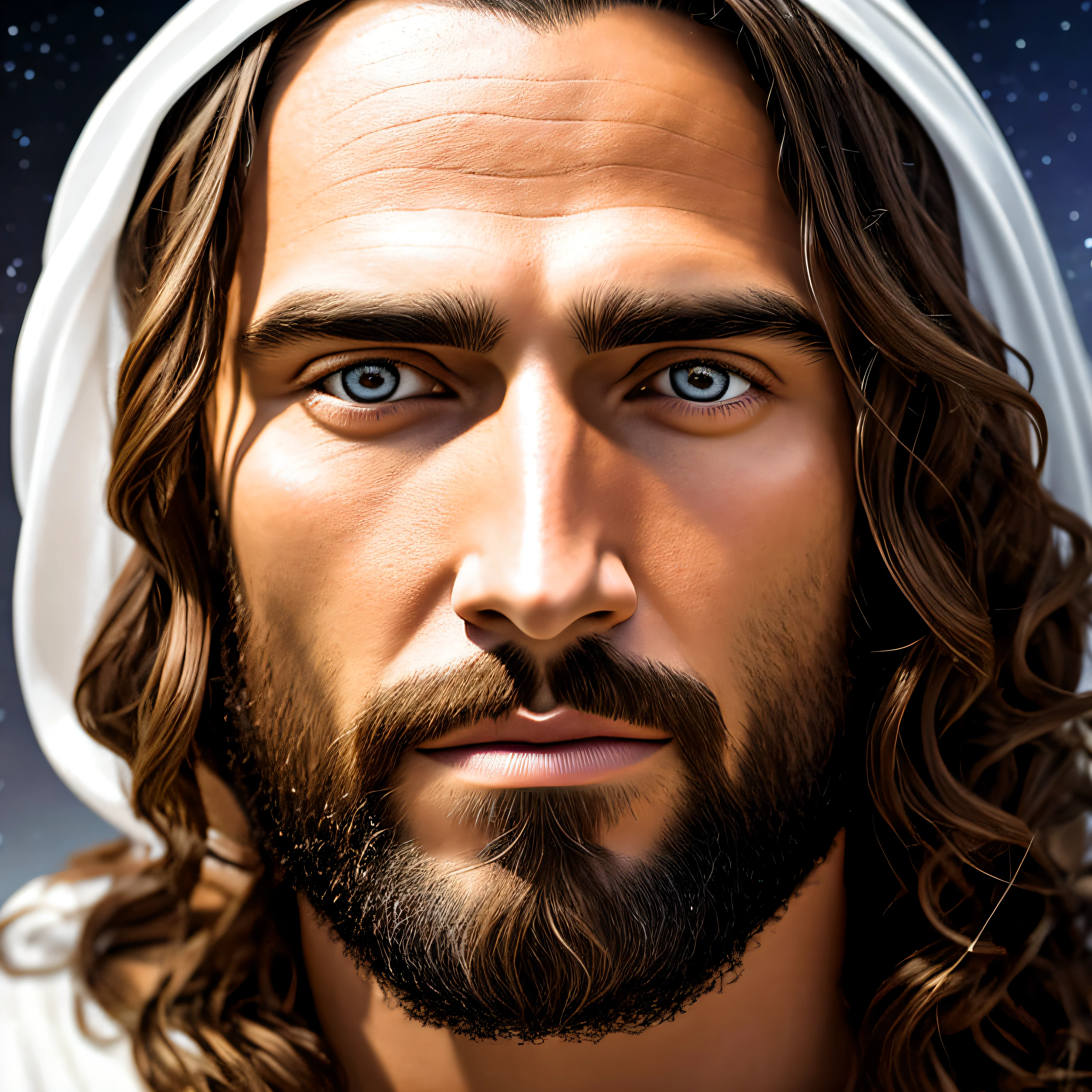 [An extremely ultra-realistic representation of the face of Jesus Christ, peaceful expression + white clothing + [ realistic textures, with lighting of the highest quality.] light background with stars and planets +[(+ photorealism):1.5, (celestial + peaceful expression + bright aura):1.3, (qualified digital rendering + attention to detail):1.2]