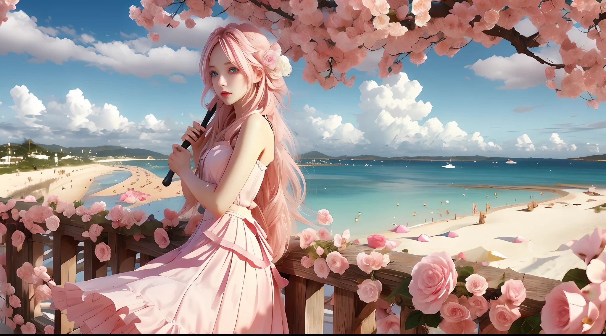 Pink long hair girl,The pupils of the eyes sparkle,Heterochromia,Holding a flower umbrella,sandbeach,Blue sky,baiyun,ultra HD wallpaper,3Drenderingof