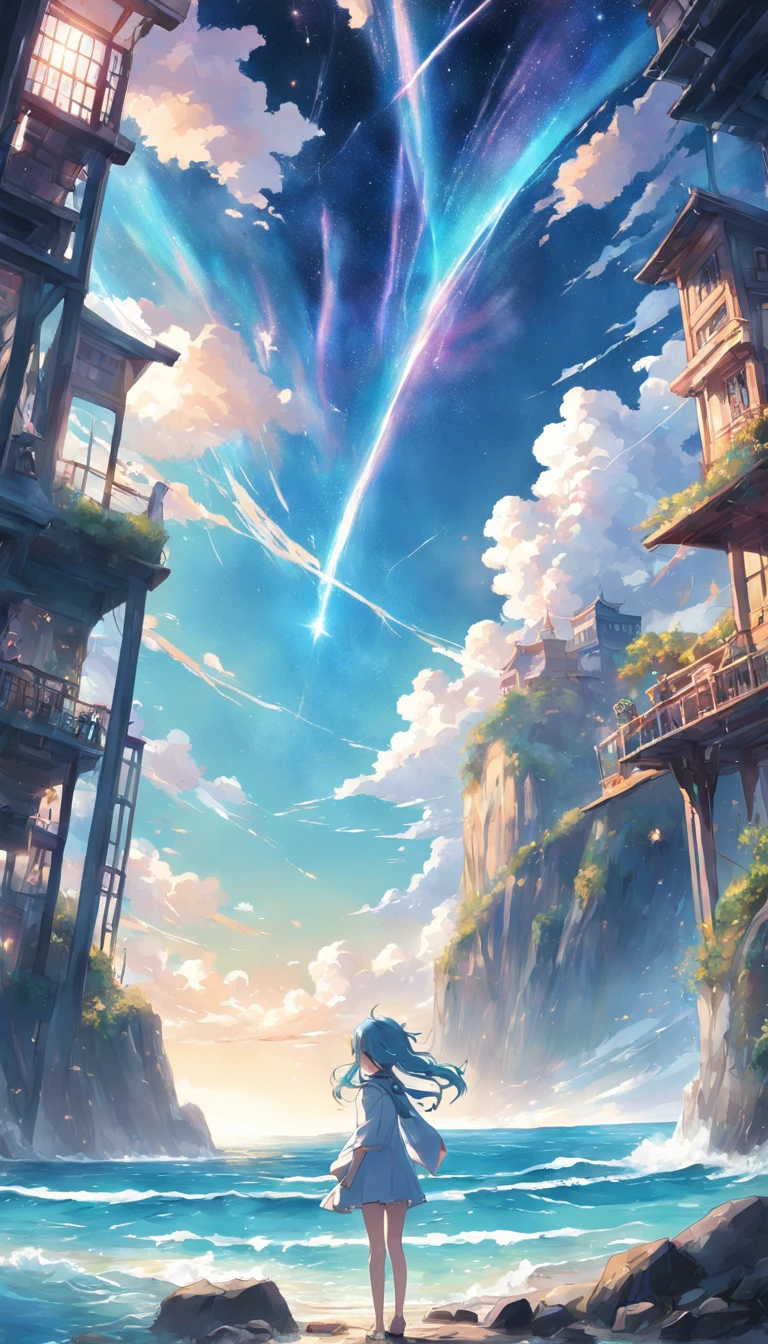 animesque、Faraway view、landscapes、vanishing point、Outrageous resolution、hight resolution、ultra-detailliert、The upper half shows the universe、Below is the sea、Bright atmosphere、Fantasia、magia、Mare、Daylight hours、clean blue sky、sunlight shining、prisma、beautiful lighting、Bright lighting、Soft lighting、Lots of shining magic light、Iridescent light、(Spark:0.7)