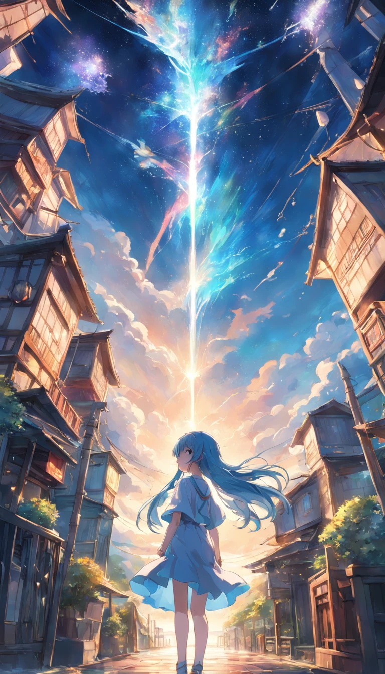 animesque、Faraway view、landscapes、vanishing point、Outrageous resolution、hight resolution、ultra-detailliert、The upper half shows the universe、Below is the sea、Bright atmosphere、Fantasia、magia、Mare、Daylight hours、clean blue sky、sunlight shining、prisma、beautiful lighting、Bright lighting、Soft lighting、Lots of shining magic light、Iridescent light、(Spark:0.7)