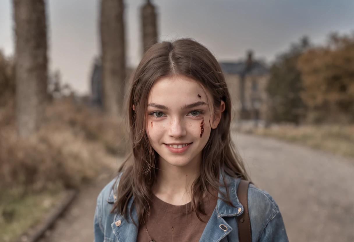 A girl scout with medium length brown hair, children's pigtails hair, Caucasian facial structure, a beautiful smile on her face and a deep look, marked nipples, marked pussy, she in a dark alley,