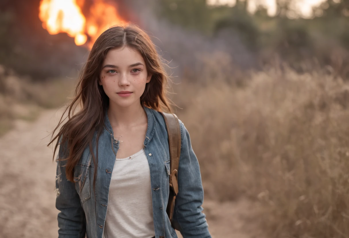 18 yo teen girl wearing ripped and torn clothes walking towards the camera with a smile on her face. The background is in flames.