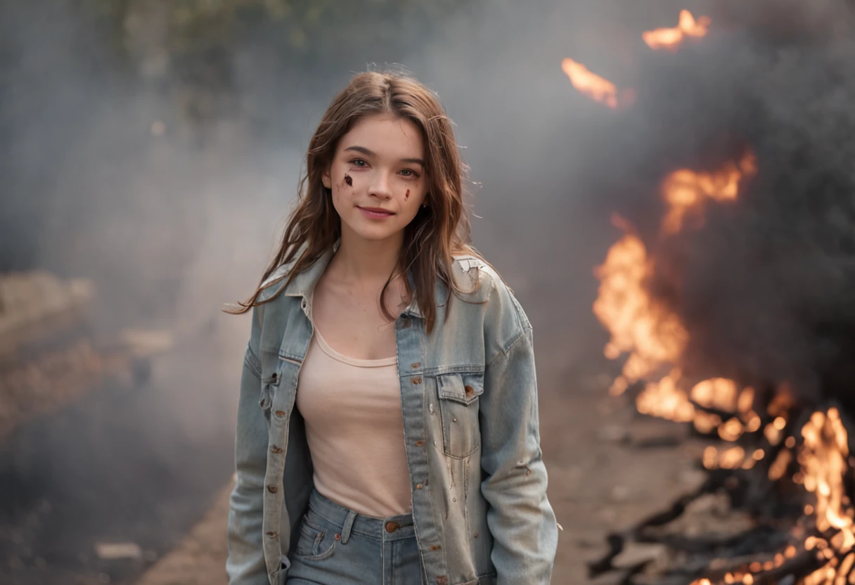 18 yo girl wearing ripped and torn clothes walking towards the camera with a smile on her face. The background is in flames.