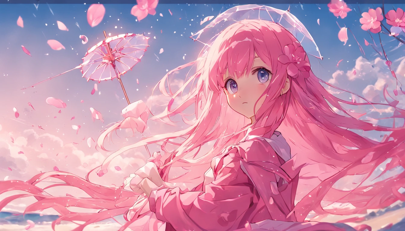 Pink long hair girl，The pupils of the eyes sparkle，Heterochromia，Holding a flower umbrella，sandbeach，Blue sky，baiyun，ultra HD wallpaper，3Drenderingof