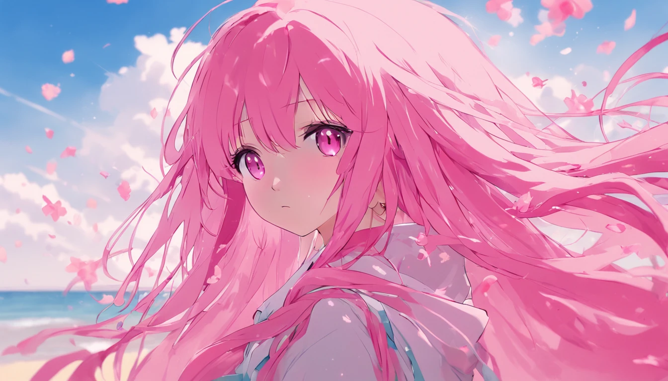Pink long hair girl，The pupils of the eyes sparkle，Heterochromia，Holding a flower umbrella，sandbeach，Blue sky，baiyun，ultra HD wallpaper，3Drenderingof