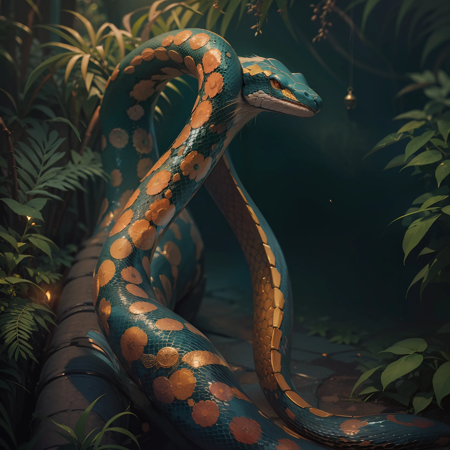 Deus africano, corpo inteiro. half of the body is Phyton snake tail. His snake skin is extremely detailed and realistic with the skin glowing in the colors of the rainbow. paisagem florestal, light particles, raios solares, dramatic lighting, grama, Folhas, brilhante (amarelo, Purple, gradiente azul: 1.5) Foto RAW,Moldura retrato,escalas realistas,ultra-highresolution,Realistic photo,best quality, 8K extremamente detalhado,DSLR,Professional photography lighting,distant view,corpo inteiro.