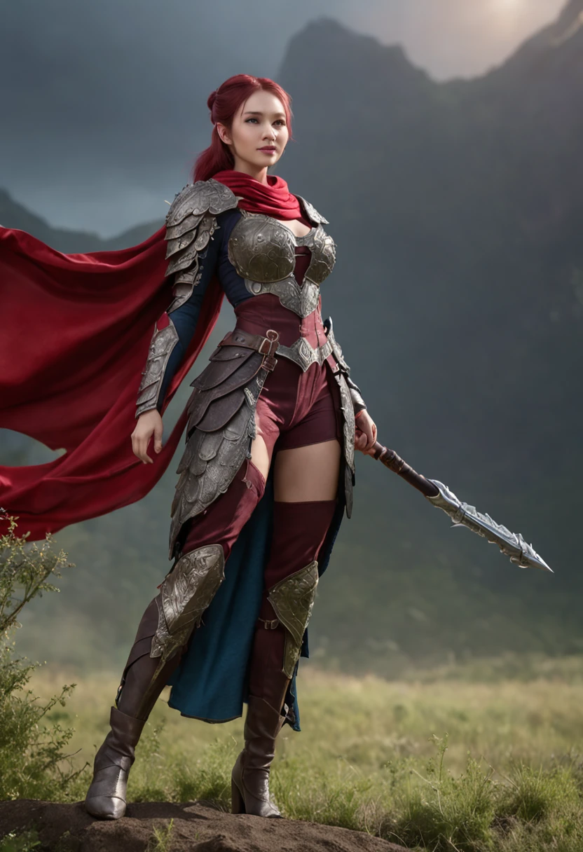 A beautiful woman, (from below: 1.3), (perspective: 1.2), looking at the audience, full body, full body photo, very huge breasts, high heels, (( grassland and black color dragon background)), (( fantasy theme)), (( full body armor, long skirt)), smile, ((holding a weapon)) , very big ass, purple color hair, ponytail hairstyle, ((Highest quality)), ((outstanding detail)), ((super high resolution: 3.5)), (fidelity: 1.4), ((best illustration, favor details, perfect detail rendering, ultra HD, masterpiece, ultra high res)), (photorealistic:1.5), raw photo, perfect brightness and darkness, light ray, perfect balance, smooth color transition, perfect body figure, full body frame, shining light, red and black color armor, aura, mantle, cape, Full detail armor design, crown, blue eyes, mature, age 39, adventure pant, perfect color layer, fighting pose, domineering posture, red scarf, royalty, majestic