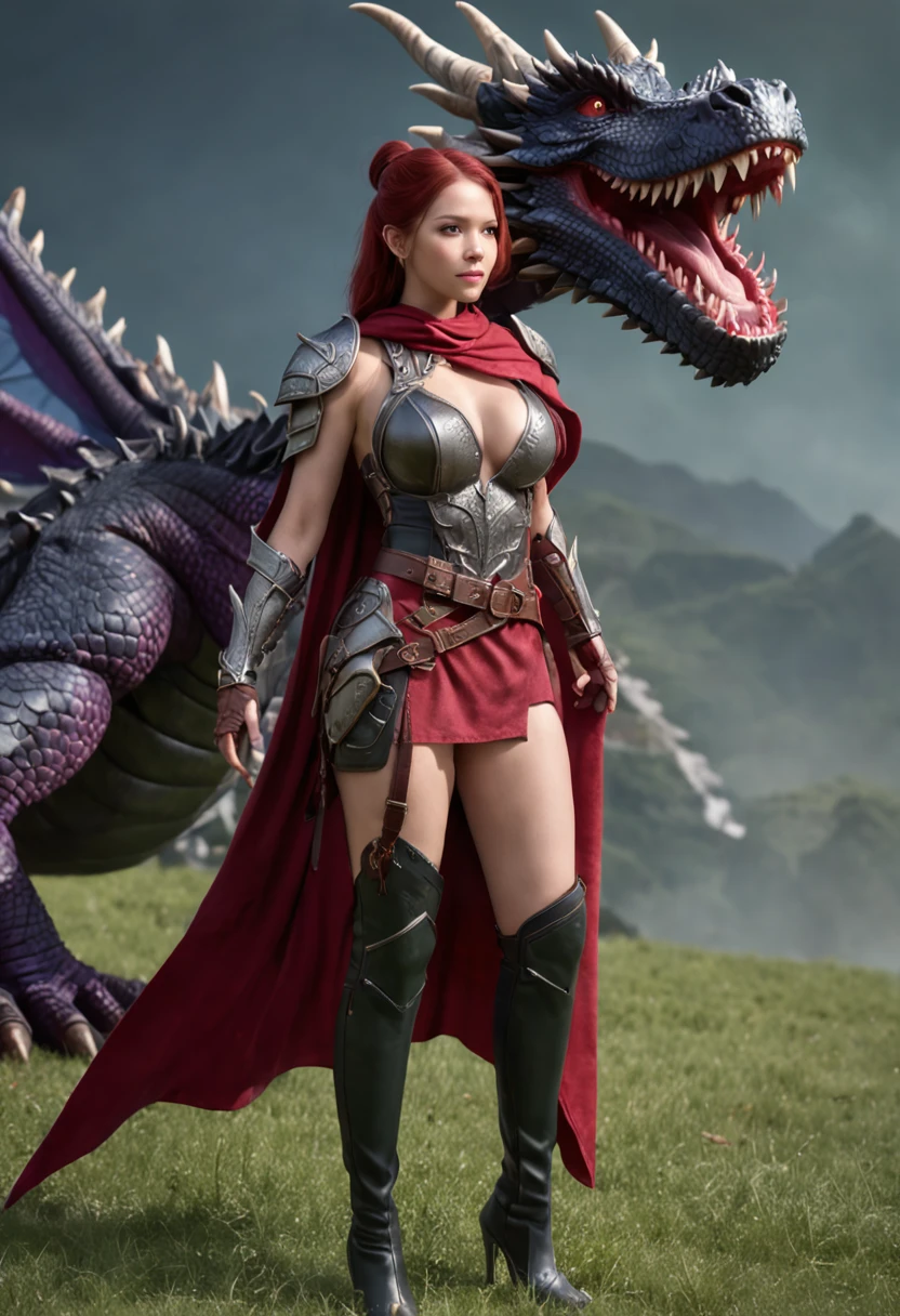 A beautiful woman, (from below: 1.3), (perspective: 1.2), looking at the audience, full body, full body photo, very huge breasts, high heels, (( grassland and black color dragon background)), (( fantasy theme)), (( full body armor, long skirt)), smile, ((holding a weapon)) , very big ass, purple color hair, ponytail hairstyle, ((Highest quality)), ((outstanding detail)), ((super high resolution: 3.5)), (fidelity: 1.4), ((best illustration, favor details, perfect detail rendering, ultra HD, masterpiece, ultra high res)), (photorealistic:1.5), raw photo, perfect brightness and darkness, light ray, perfect balance, smooth color transition, perfect body figure, full body frame, shining light, red and black color armor, aura, mantle, cape, Full detail armor design, crown, blue eyes, mature, age 39, adventure pant, perfect color layer, fighting pose, domineering posture, red scarf, royalty, majestic