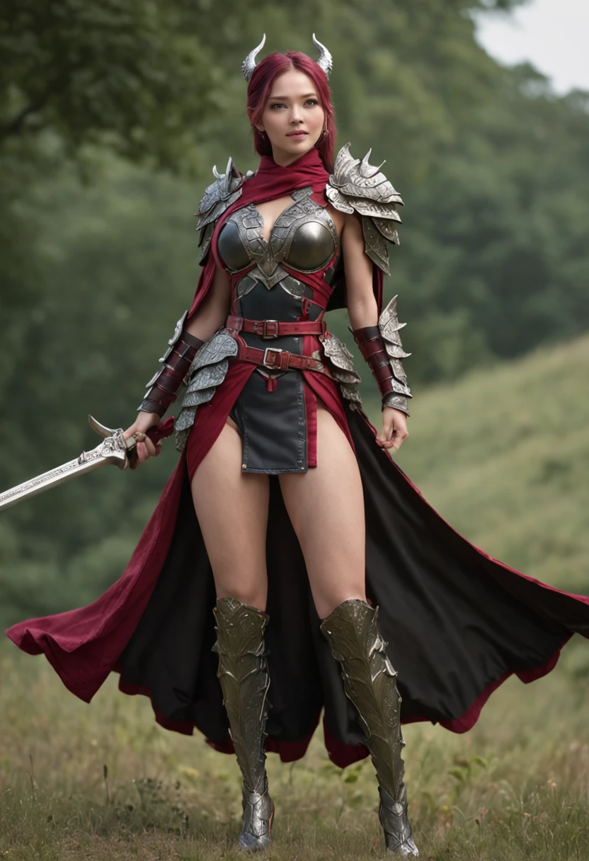 A beautiful woman, (from below: 1.3), (perspective: 1.2), looking at the audience, full body, full body photo, very huge breasts, high heels, (( grassland and black color dragon background)), (( fantasy theme)), (( full body armor, long skirt)), smile, ((holding a weapon)) , very big ass, purple color hair, ponytail hairstyle, ((Highest quality)), ((outstanding detail)), ((super high resolution: 3.5)), (fidelity: 1.4), ((best illustration, favor details, perfect detail rendering, ultra HD, masterpiece, ultra high res)), (photorealistic:1.5), raw photo, perfect brightness and darkness, light ray, perfect balance, smooth color transition, perfect body figure, full body frame, shining light, red and black color armor, aura, mantle, cape, Full detail armor design, crown, blue eyes, mature, age 39, adventure pant, perfect color layer, fighting pose, domineering posture, red scarf, royalty, majestic