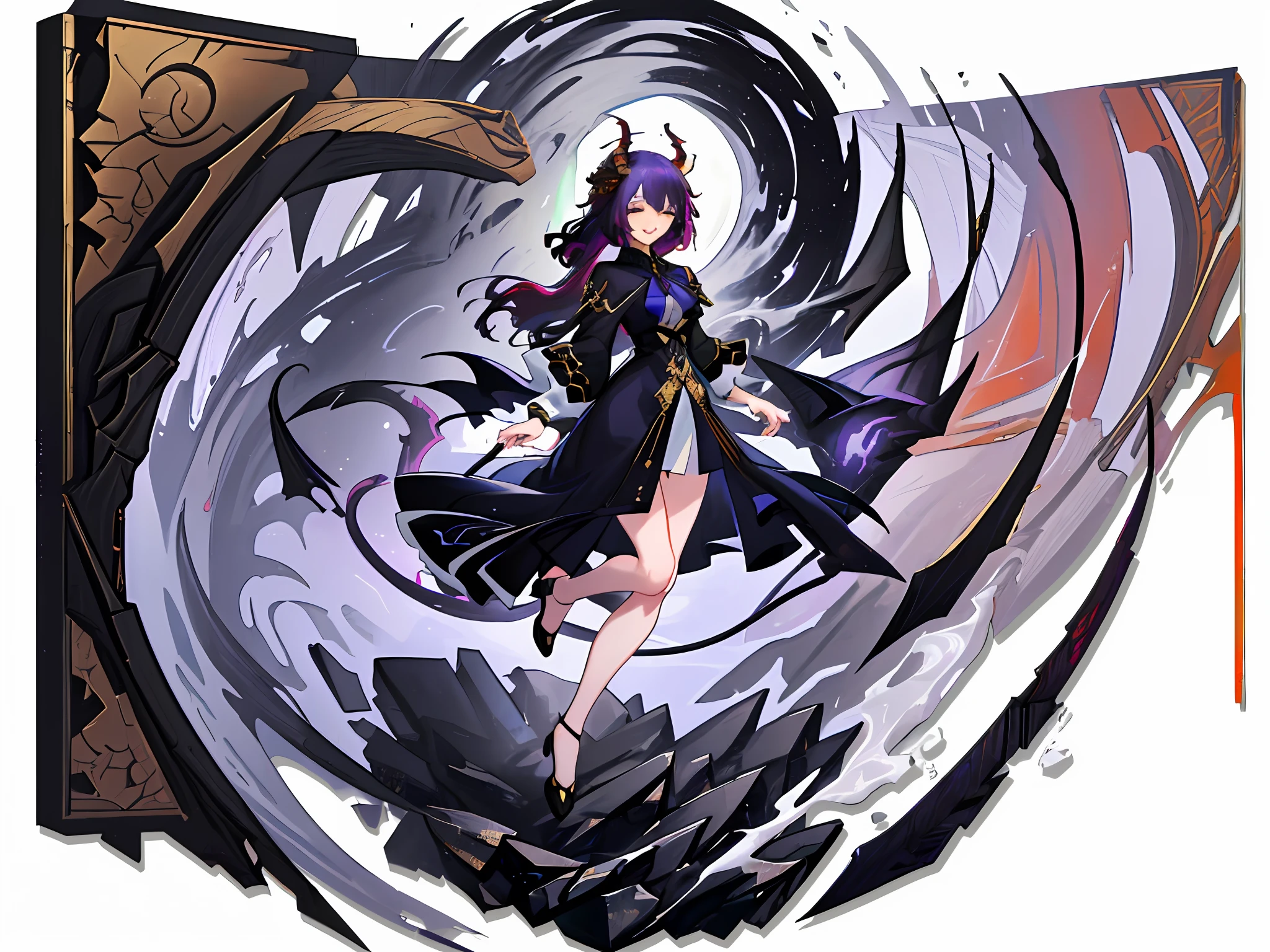 Woman, purple hair, Different colors:0.5, Full body, best quality:1, masterpiece:1, 8k, horns, demon tail, beautiful, elegant, Grace, smile