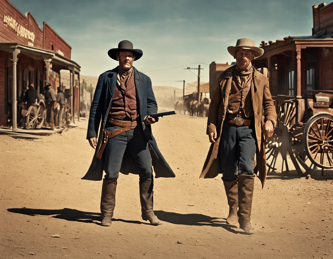 Old West American - Drawing - Two gunmen dueling in the street - realistic - Cinematic - Colorized -- air 16:9