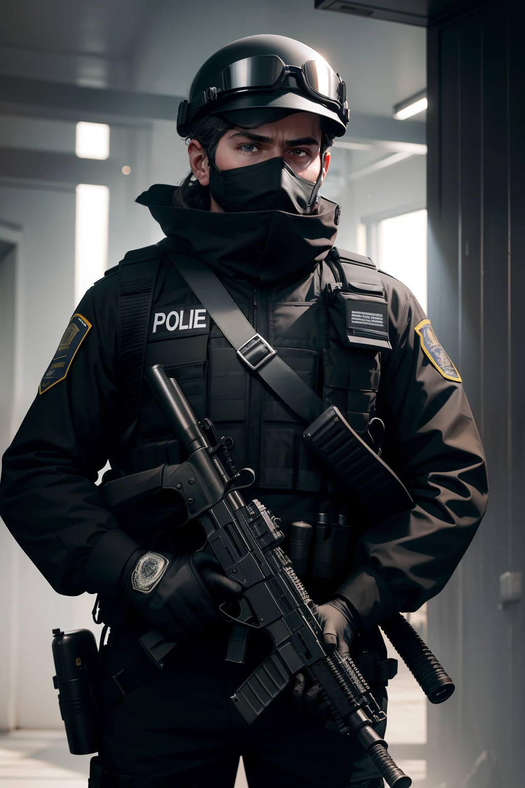 generate 8k image, of a male police officer standing to the side, wearing a black uniform, with a black helmet, goggles over his eyes, a mask covering his mouth and nose, holding a machine gun pointed down, against a completely white backdrop